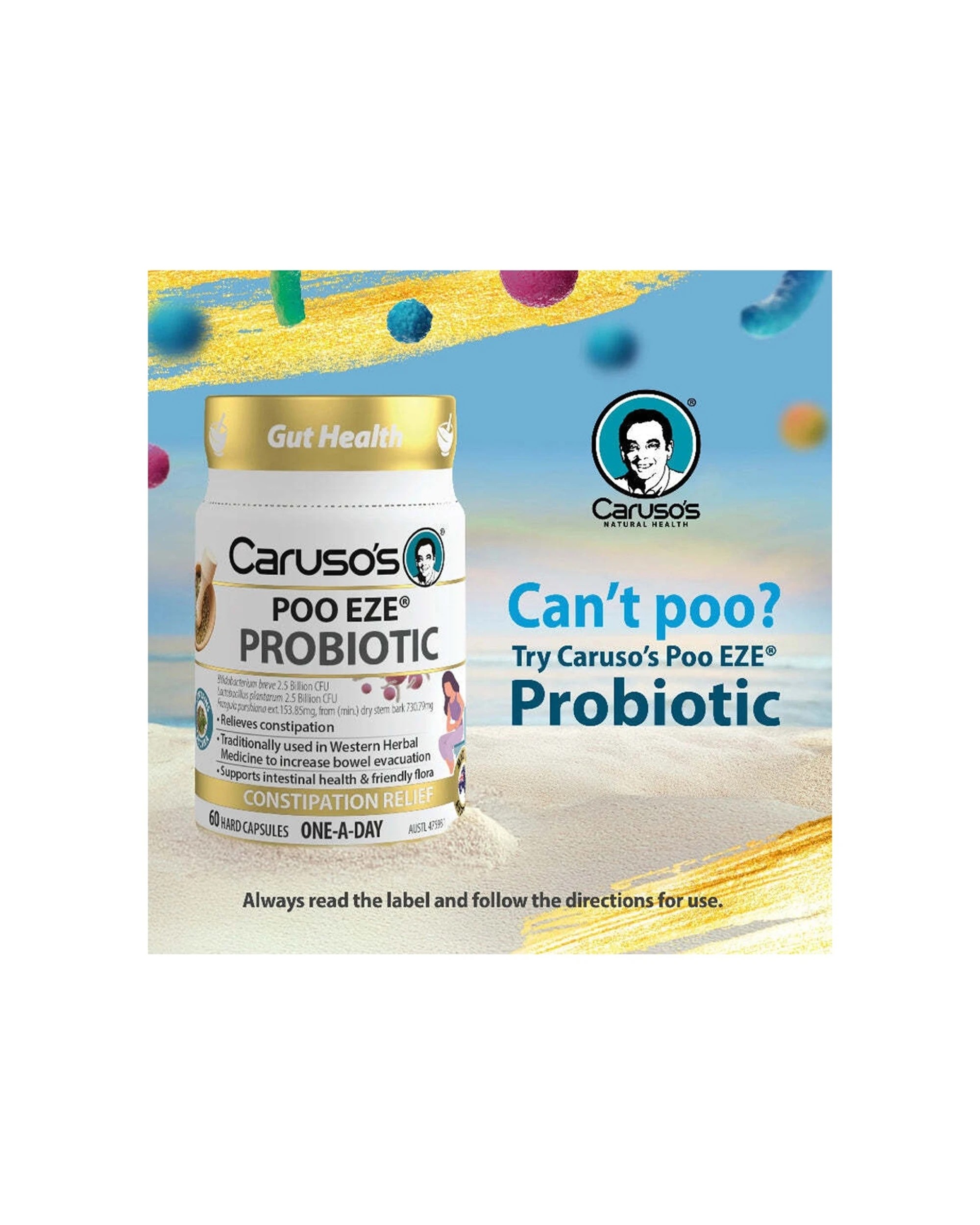 2 Caruso's 60pc Poo Eze Probiotic Hard Capsules Constipation Relief, 2 of 5