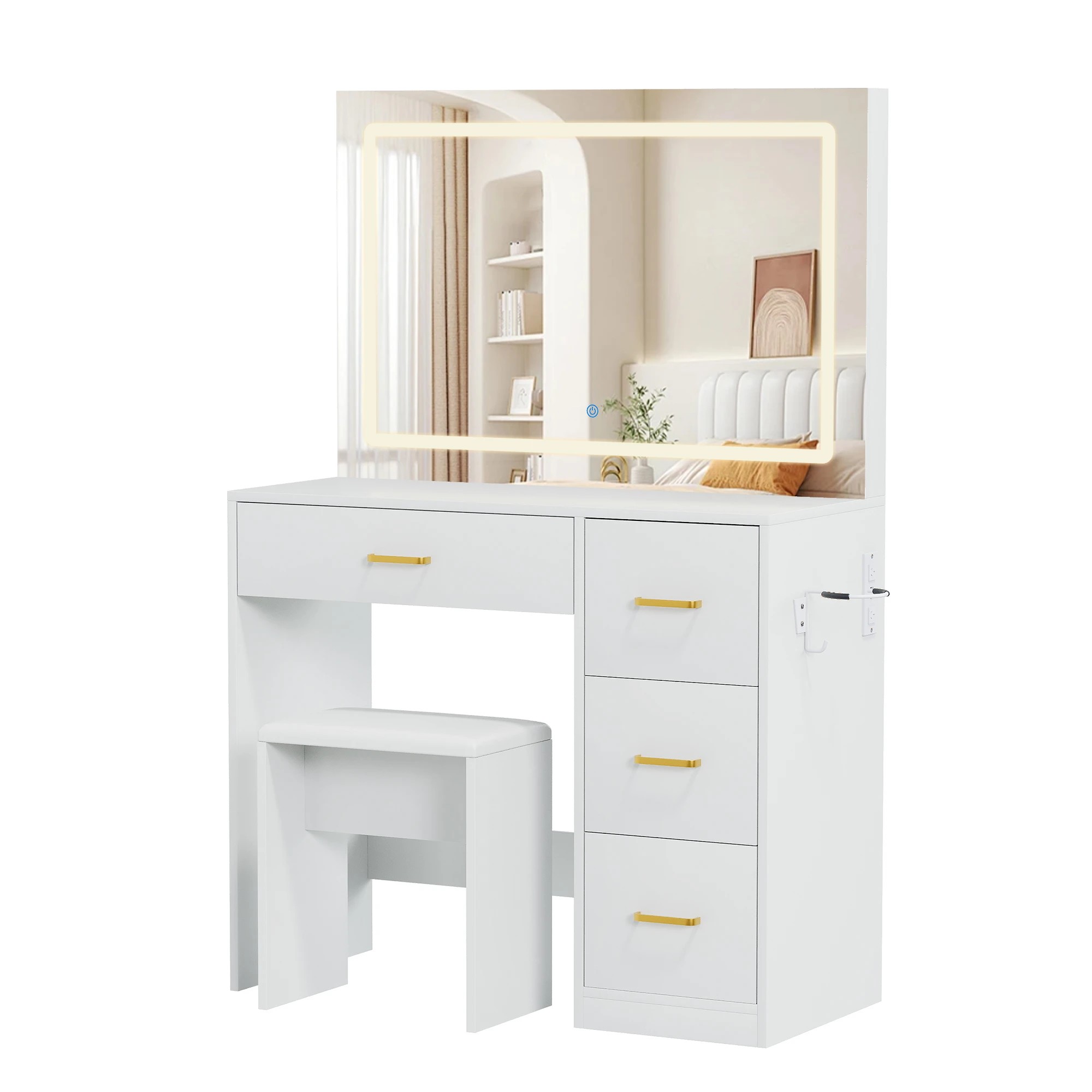 1 Advwin Makeup Vanity Desk with Large LED Mirror Charging Station - White, 1 of 10