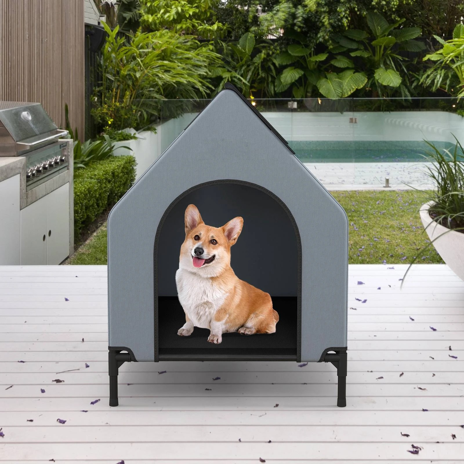 2 Costway Elevated Dog Kennel House w/Elevated Mesh Bed Outside Pet Shelter 90x64.5x85.5cm - Grey, 2 of 2