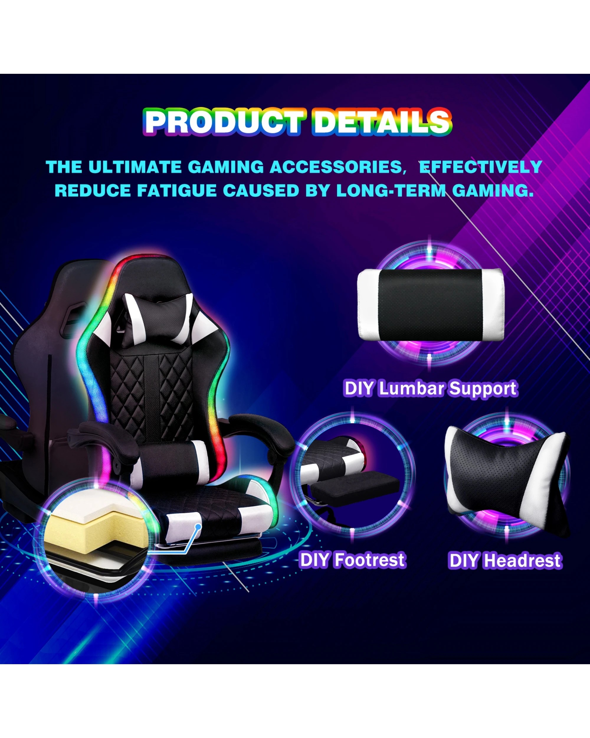 7 Advwin Led Lights Gaming Chair With Massagers Black/white, 7 of 8