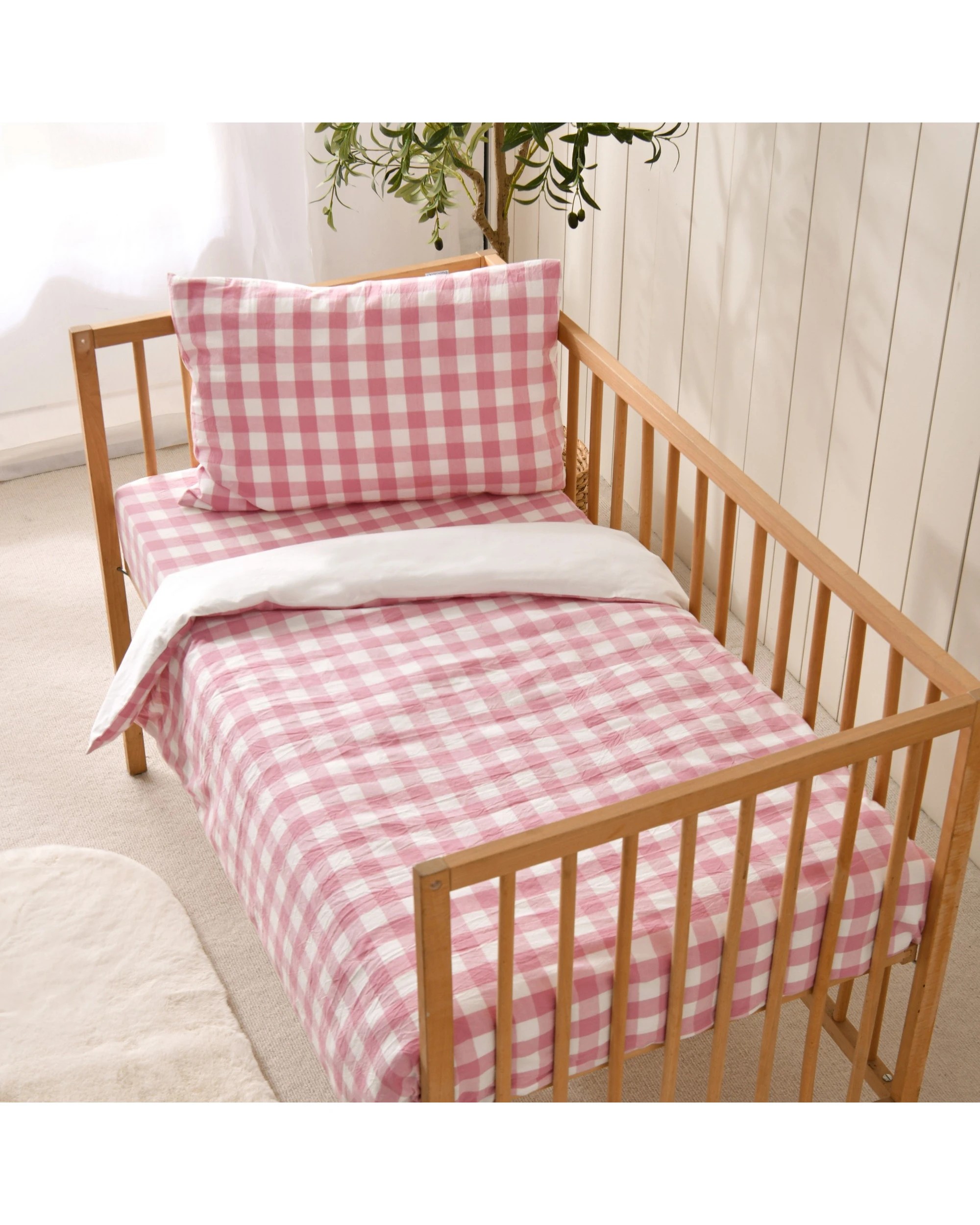 3 Dreamaker Baby Lola Washed Cotton Yarn Dyed Gingham Quilt Cover Set - COT Size - Pink Pearl, 3 of 7
