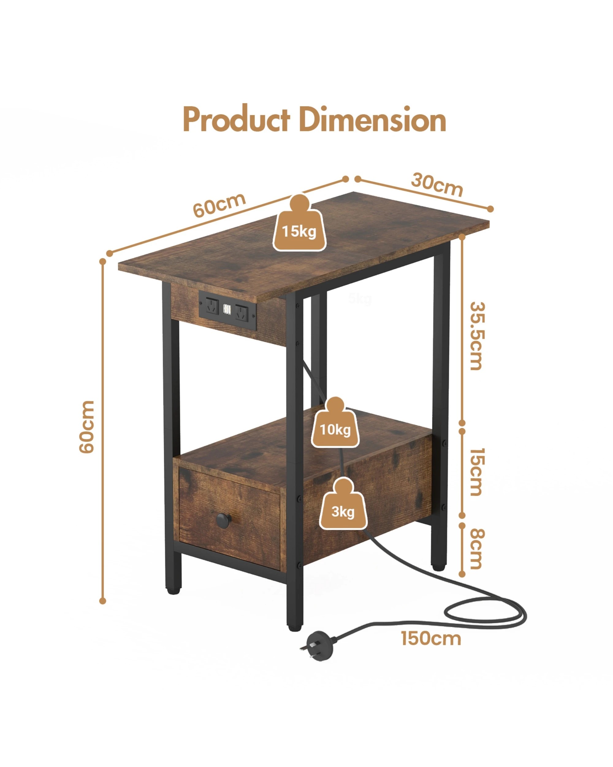 2 Advwin Set of 2 Side Tables w/ Charging Station & Drawer Walnut, 2 of 8