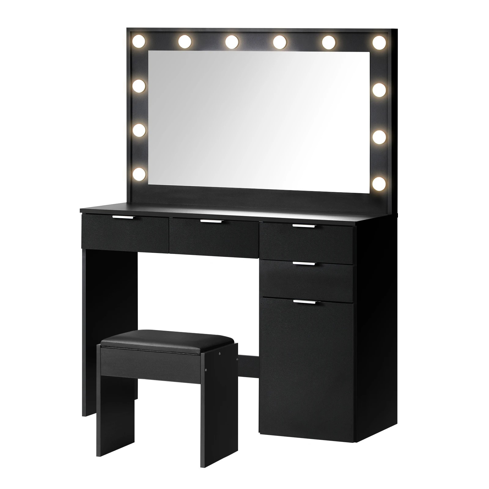 1 Oikiture Dressing Table Stool Set Makeup Large Mirror Dresser 12 Led Bulbs
 - Black, 1 of 9