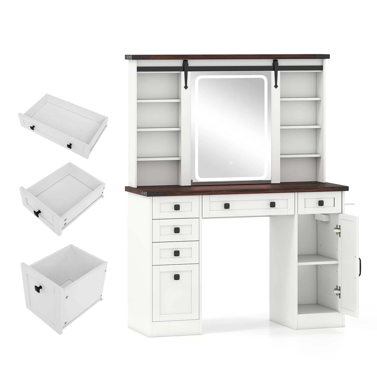 1 Costway Lighted Farmhouse Dressing Table w/Sliding Mirror Makeup Vanity Desk, 1 of 5