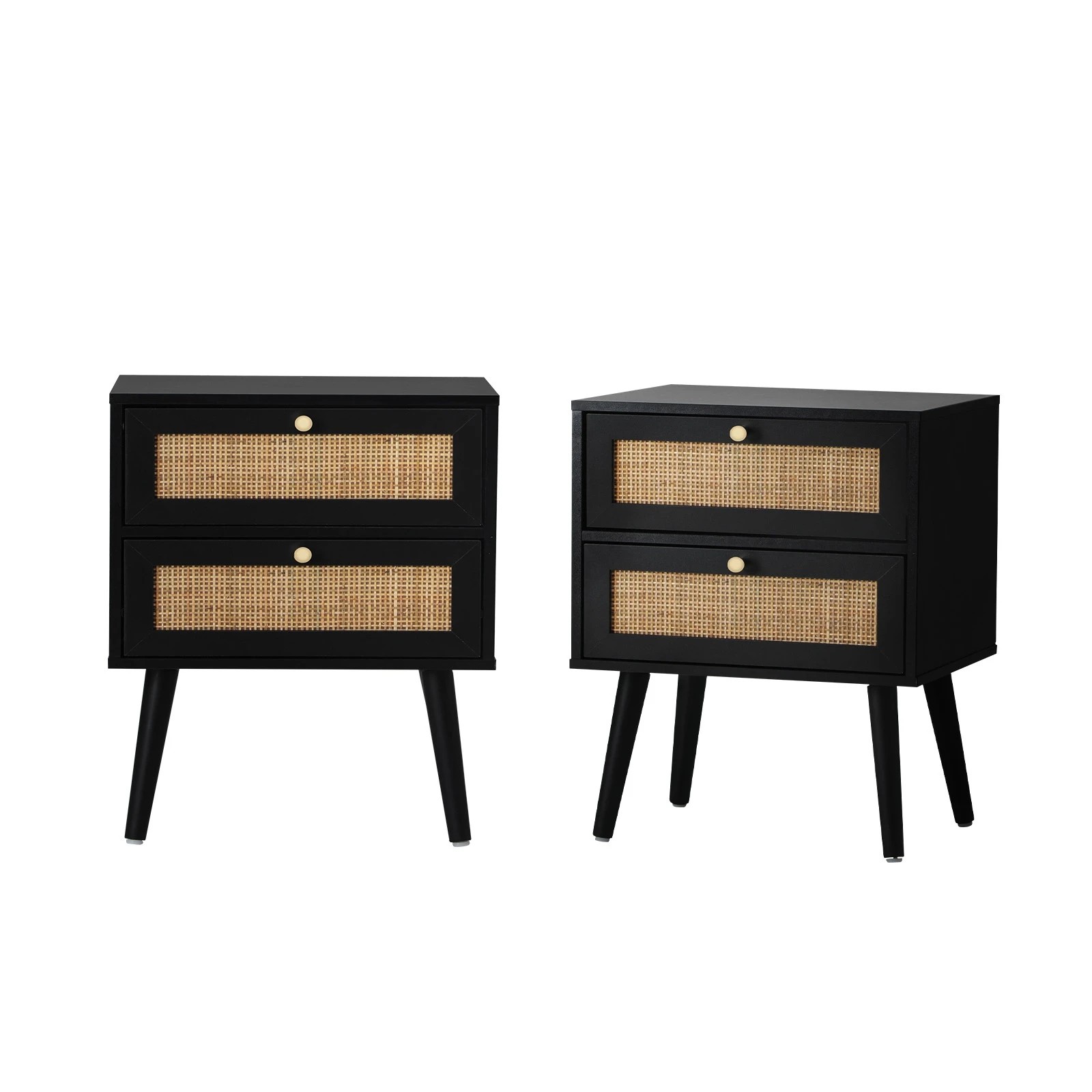 1 Oikiture 2X Bedside Table Side Table 2 Drawers Storage Cabinet Nightstand Rattan - Black, 1 of 9
