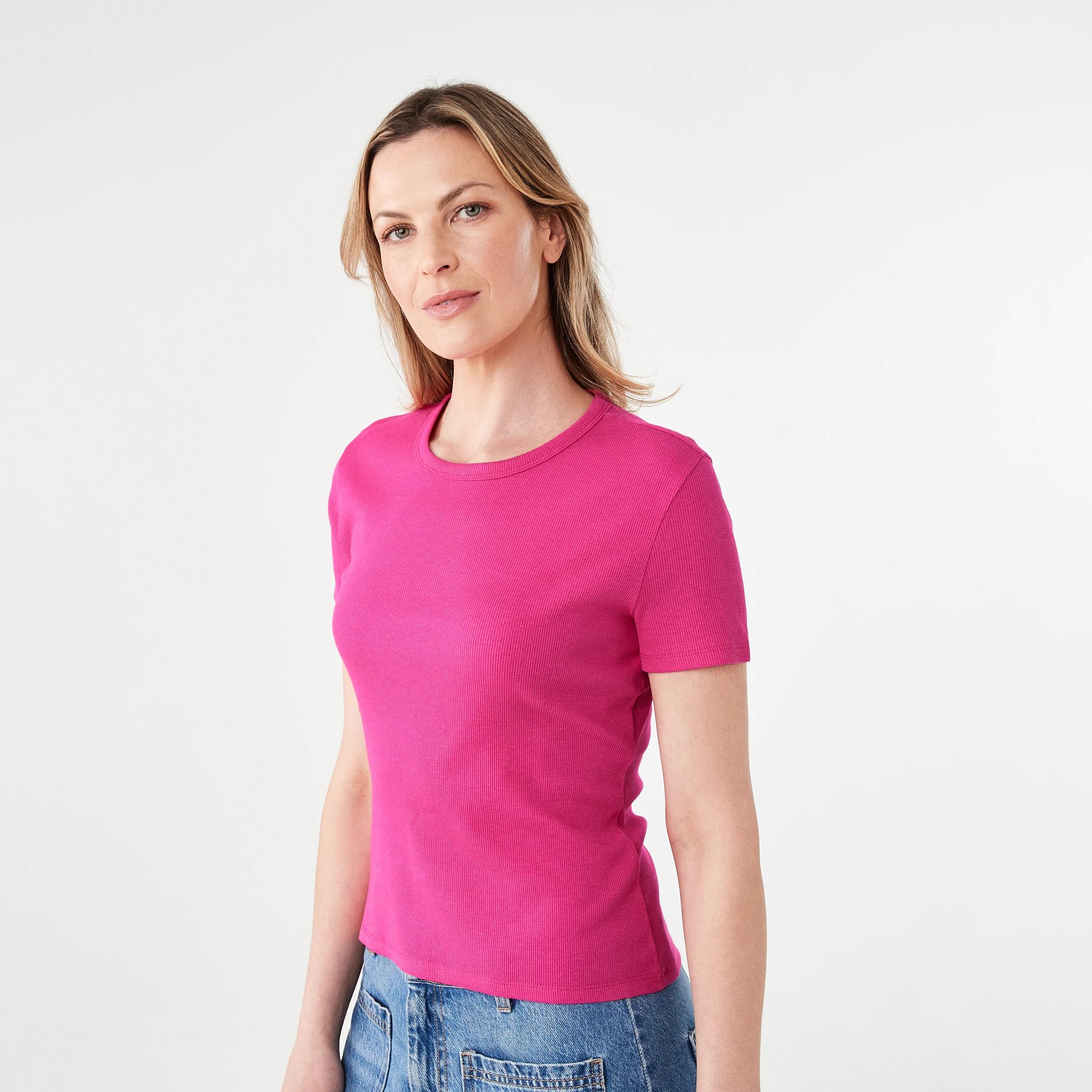 2 Short Sleeve Rib Crew Neck T-shirt BEETROOT PINK, 2 of 5