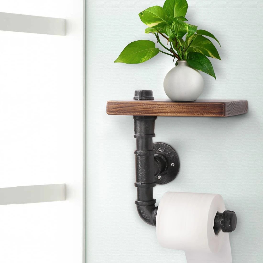6 Artiss Floating DIY Pipe Shelf Toilet Paper Holder - Natural, 6 of 6