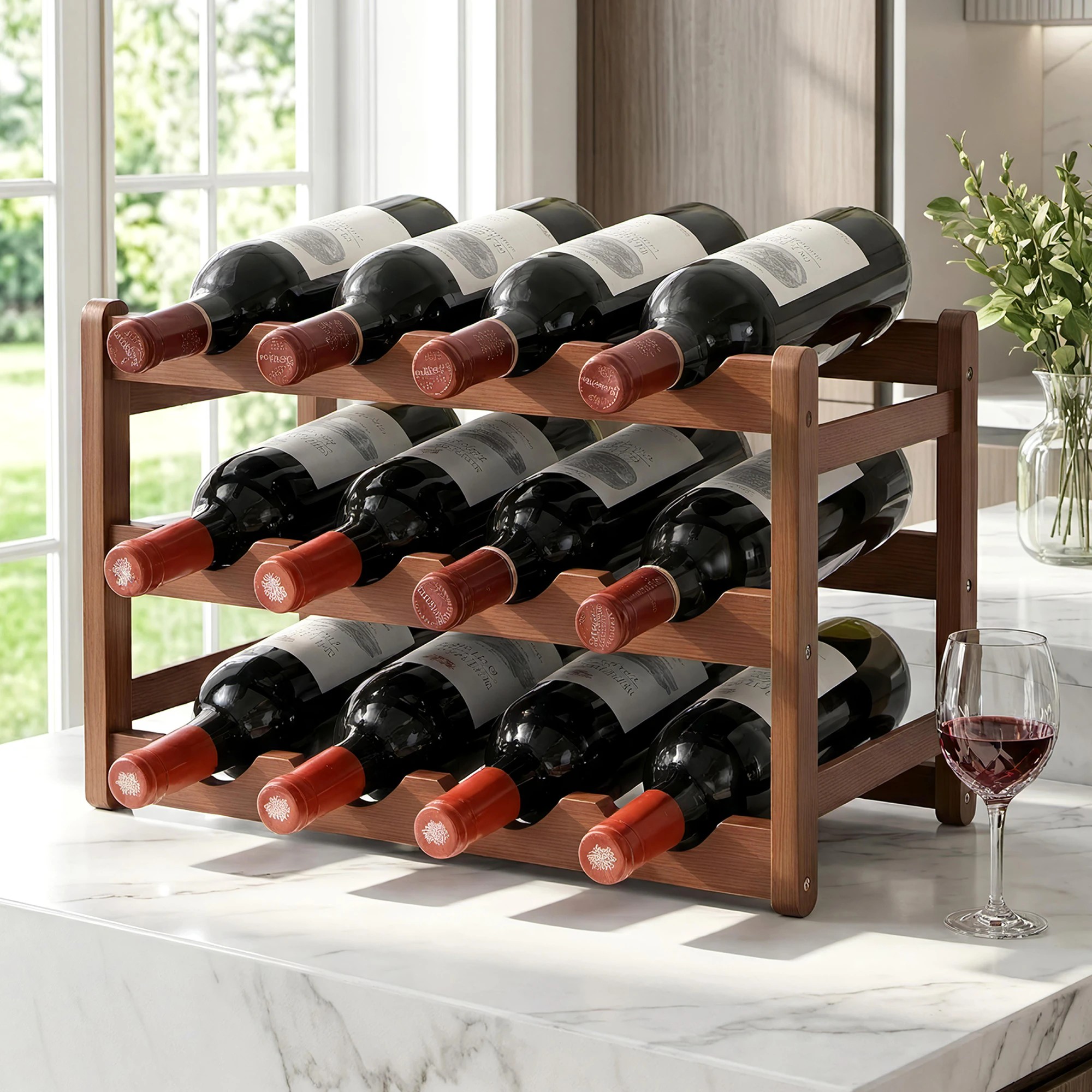 4 Artiss Bamboo Wine Rack 3-Tier Display Storage Organizer 12 Bottle - Brown, 4 of 4