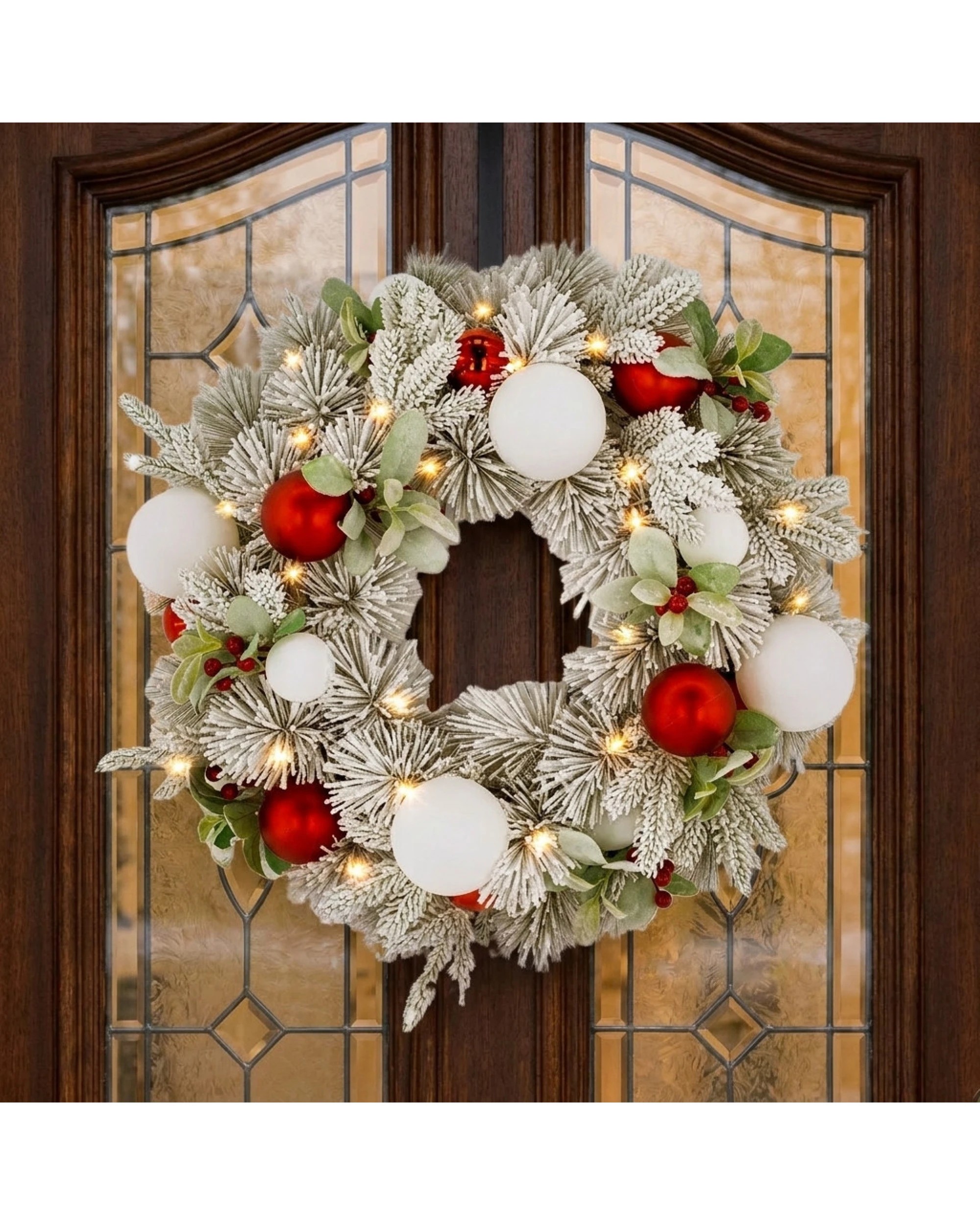 3 Christabelle 61cm Snowy Elegance Pre-Lit Christmas Wreath - Warm White LEDs, Red & White Baubles - White, 3 of 10