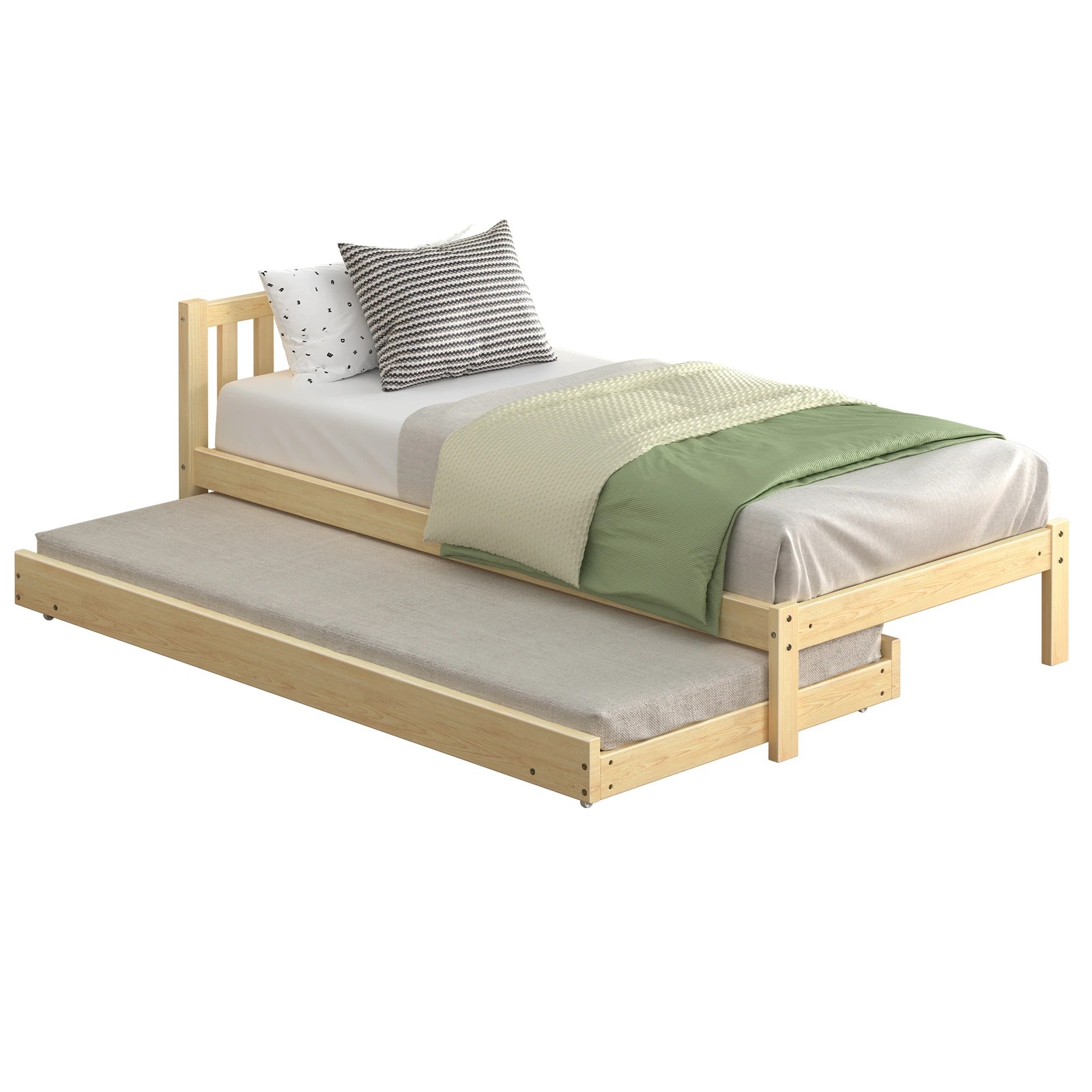 1 Alfordson Bed Frame 2x Single Size Trundle Wooden Mattress Base Timber - Natural, 1 of 10