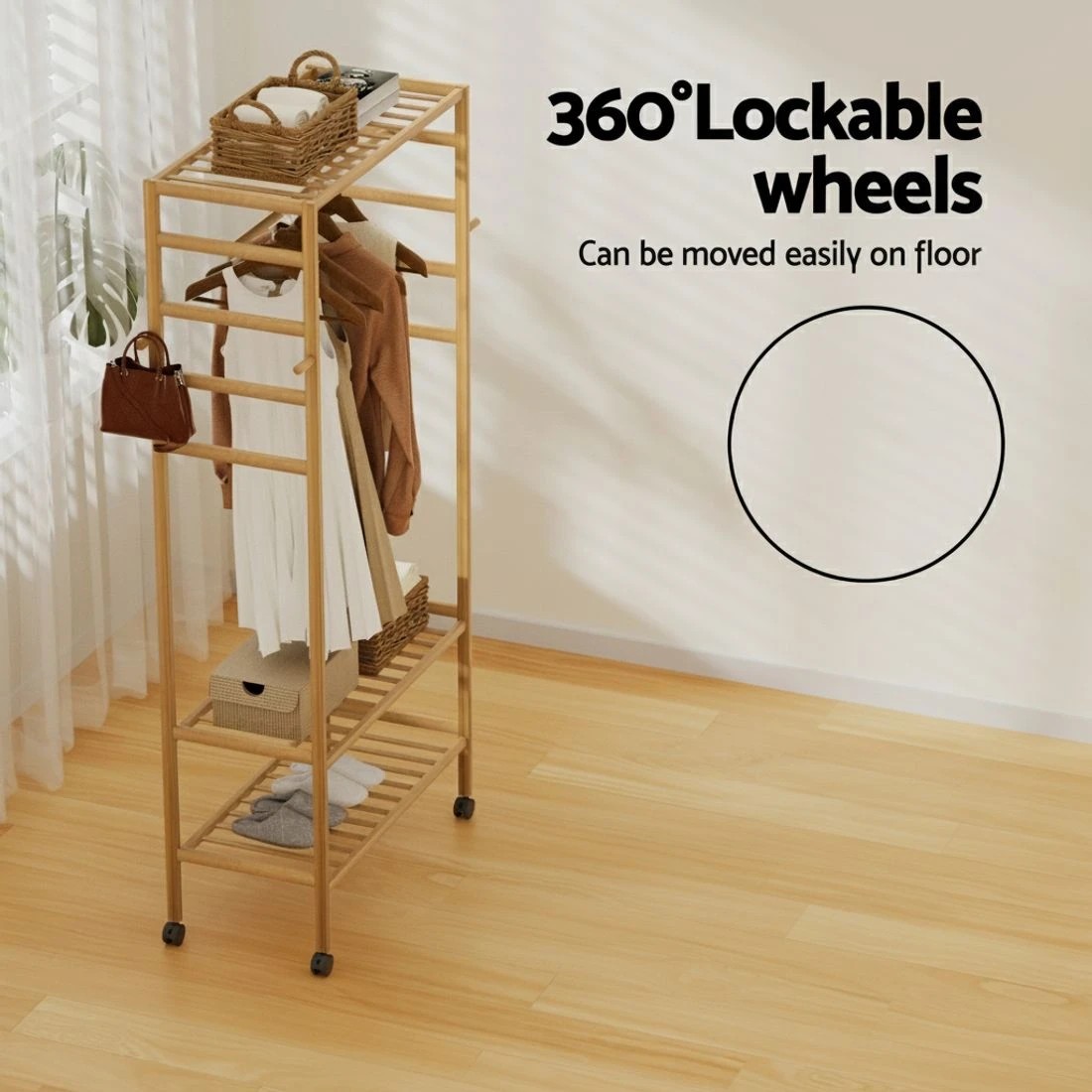 4 Artiss Clothes Rack Wardrobe Coat Stand 169cm - Beige, 4 of 5