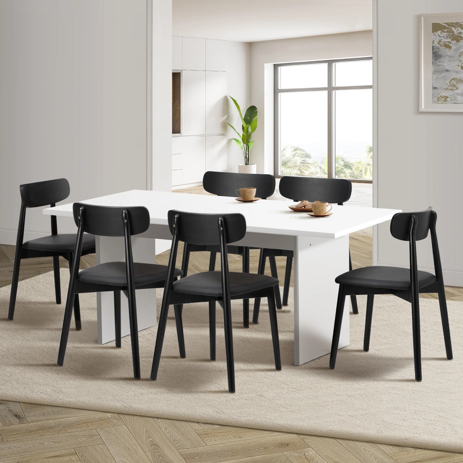3 Oikiture 6-Seater Dining Table and Chairs Wooden Furniture Set - Black, 3 of 9