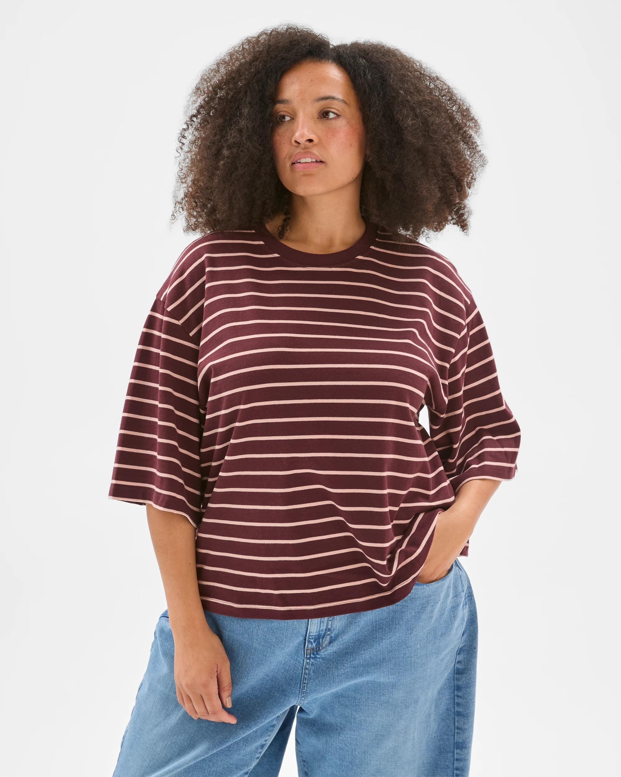 3 Target Curve Plus Size Australian Cotton Wide Sleeve Boxy T-Shirt BURGUNDY/SOFT BLUSH STRIPE, 3 of 9