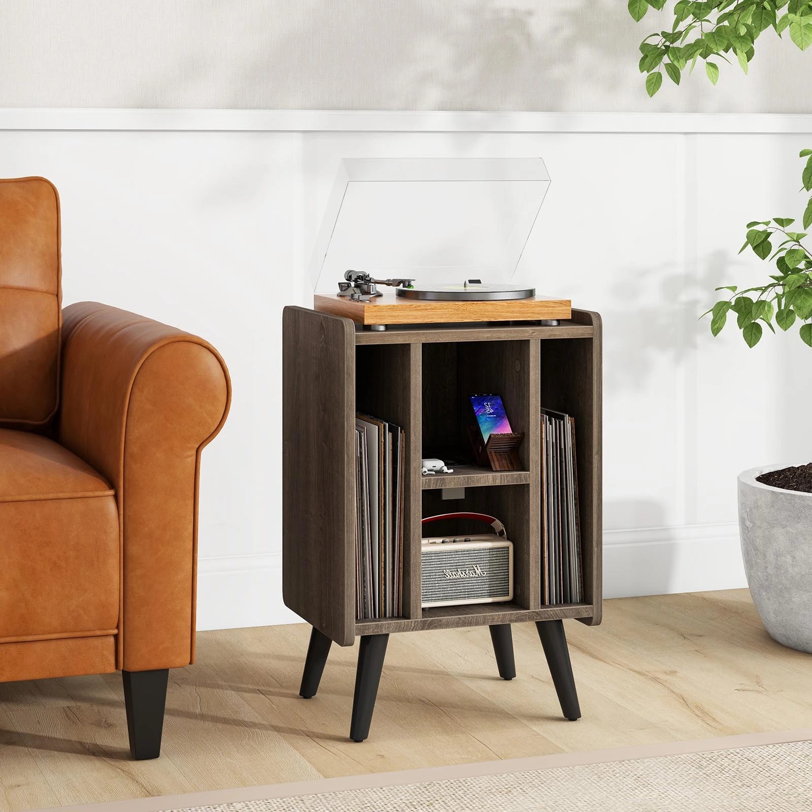 2 Costway Industrial Record Player Stand w/Power Outlet Turntable Stand for Vinyl, 2 of 6