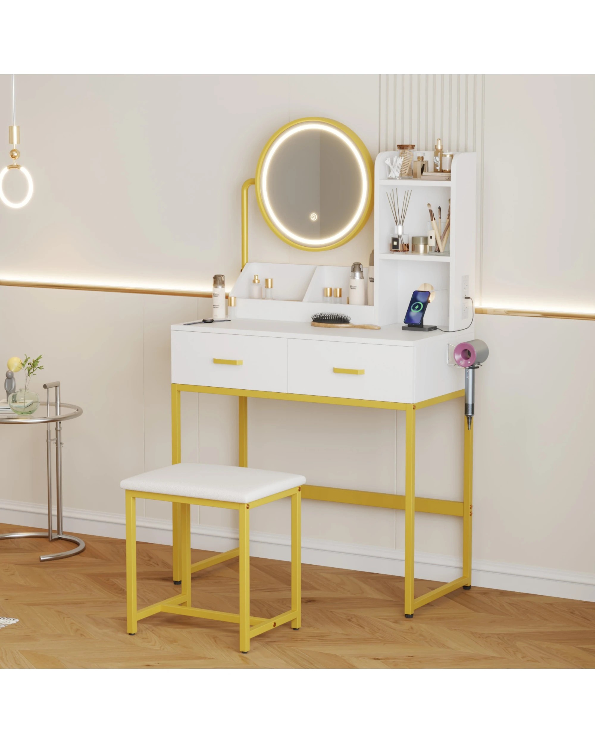 3 Advwin Dressing Table Set With Led 360° Adjustable Mirror Power Outlet, 3 of 10