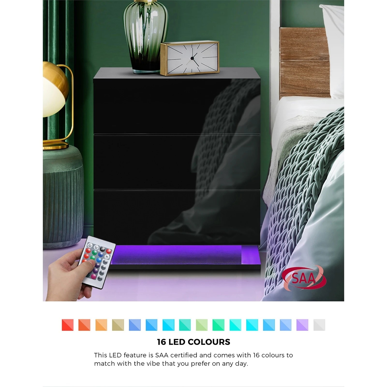3 Oikiture Bedside Table Rgb Led Nightstand Cabinet 3 Drawers
 - Black, 3 of 10