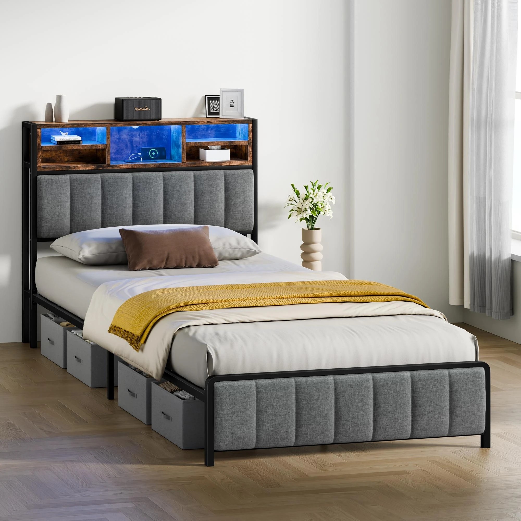 2 Alfordson Bed Frame King Single LED Charging Station Linen - Grey, 2 of 10