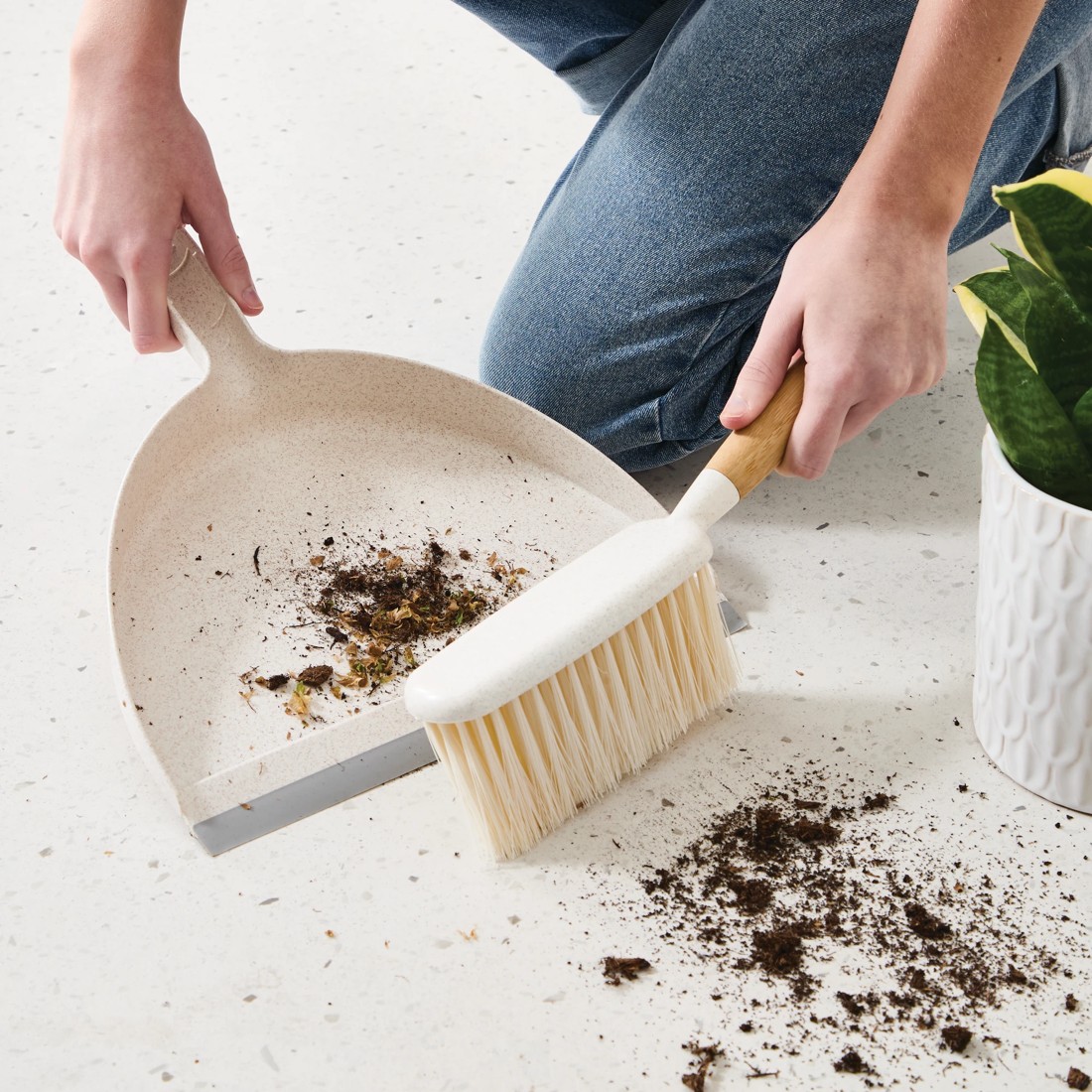 1 Bamboo Handle Dustpan and Brush - White, 1 of 6