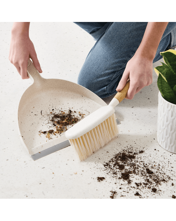 Bamboo Handle Dustpan and Brush - White