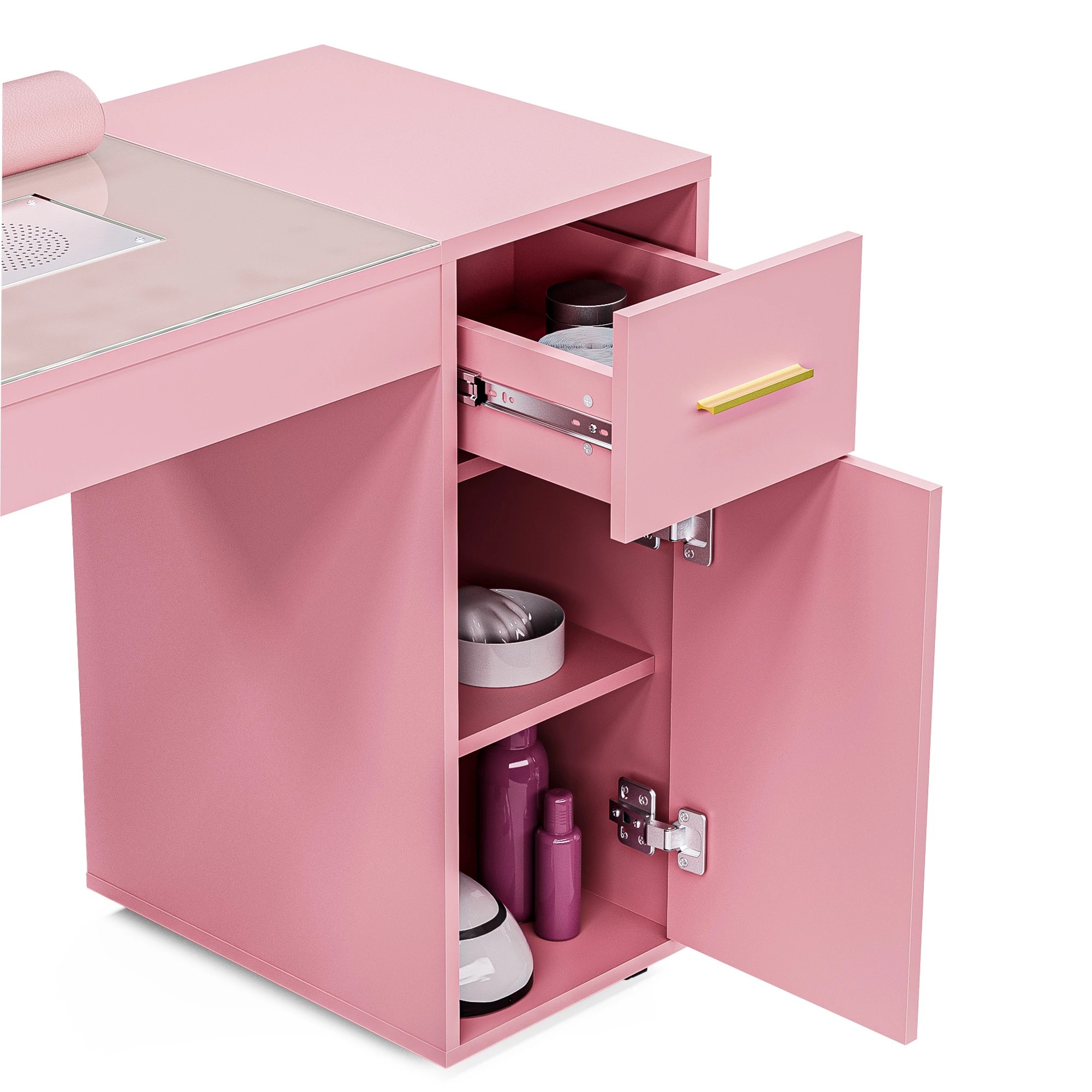 4 Advwin Manicure Table Vanity Desk With Dust Collector Glass Top Storage Cabinet
 - Pink, 4 of 10