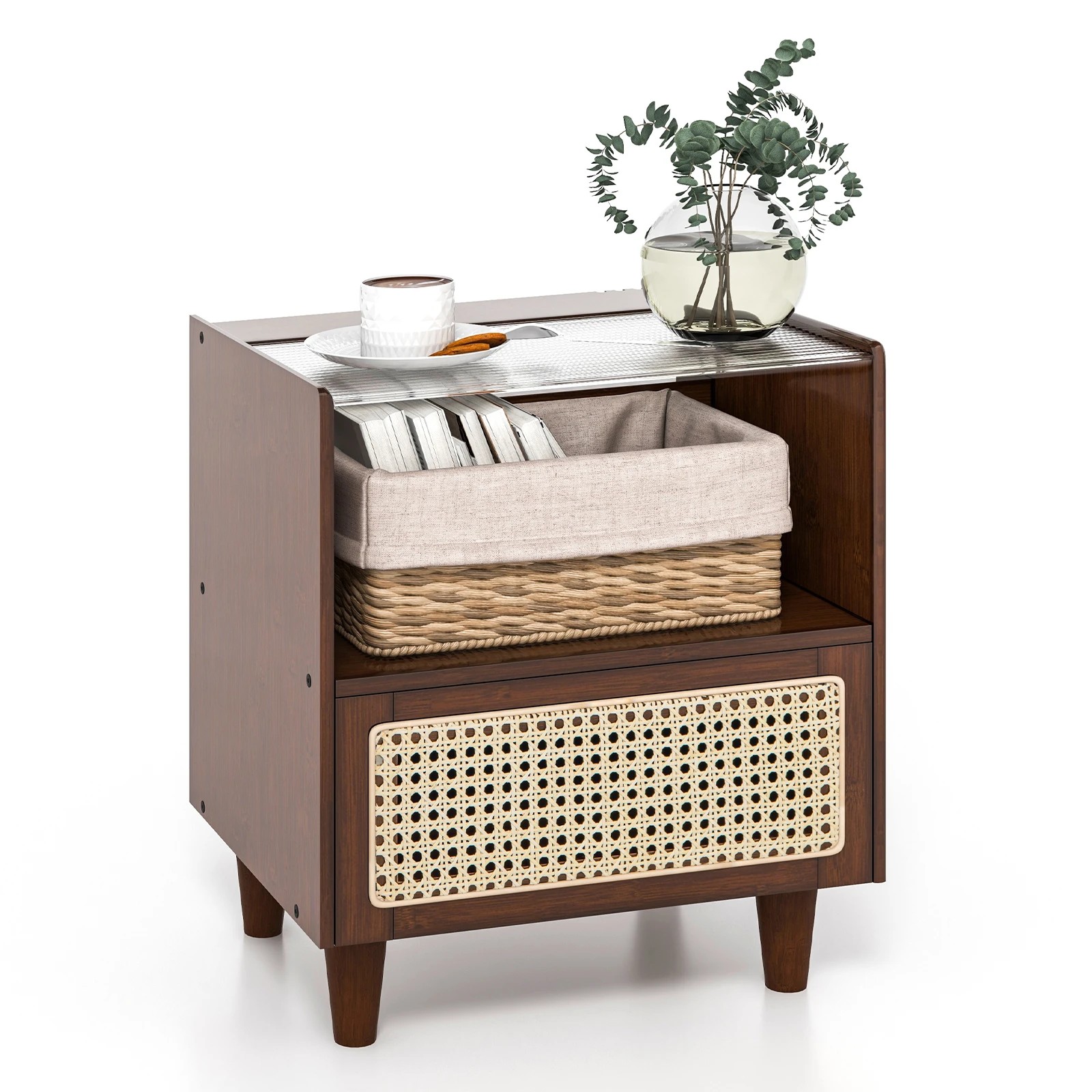 5 Costway Bamboo Rattan Nightstand Boho End Side Table w/Solid Wood Legs - Brown, 5 of 5