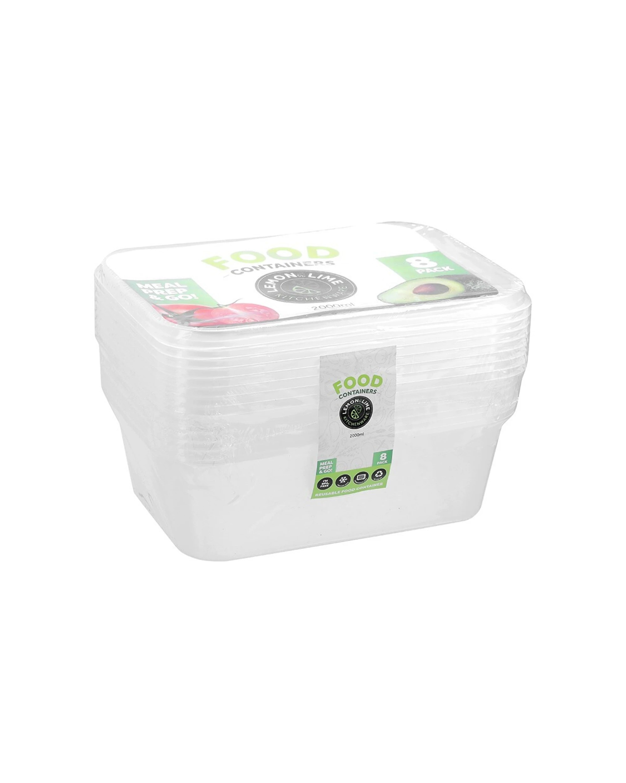 2 Lemon & Lime 2x 8PK Reusable 2L Rectangle Food Container With Lid Set - Clear, 2 of 7