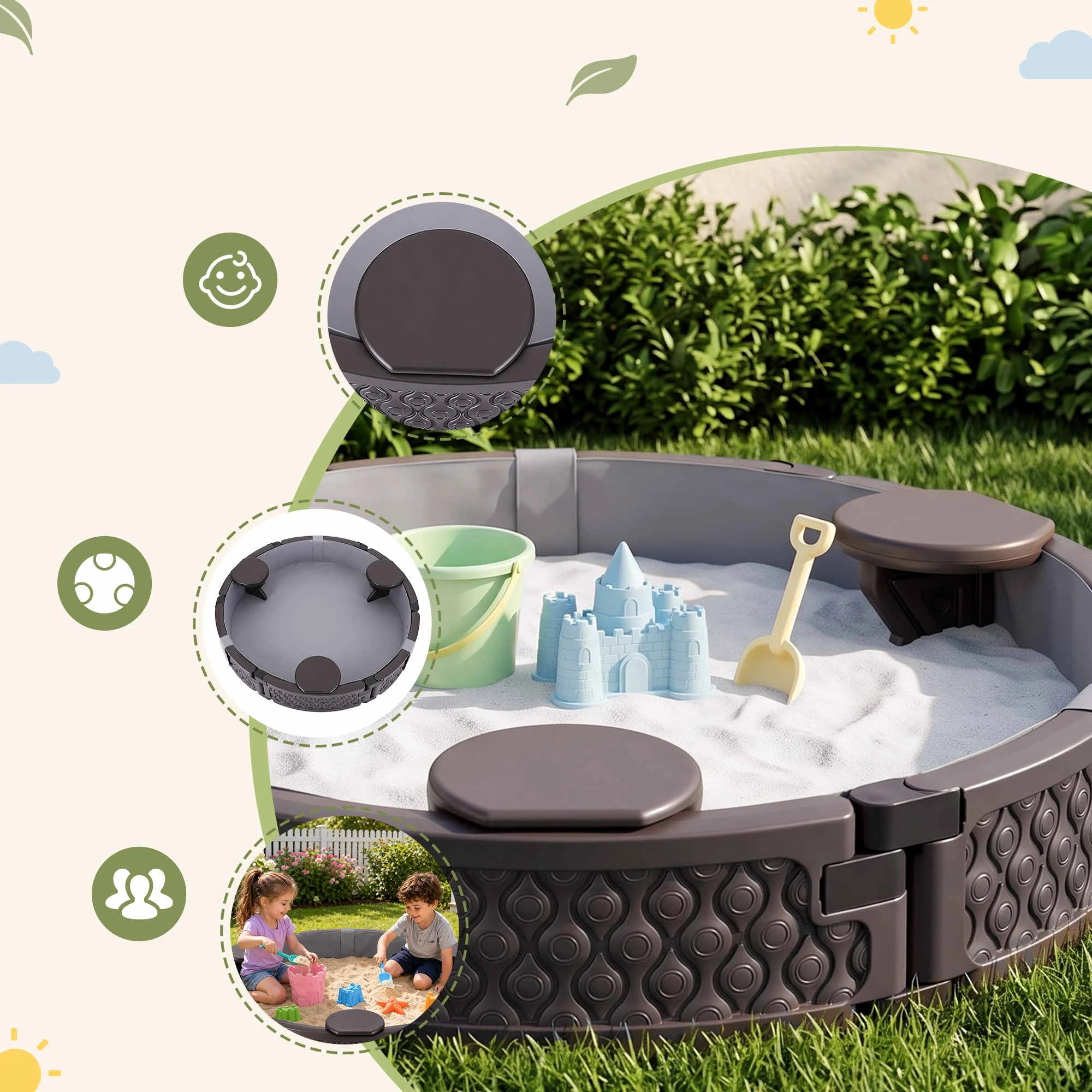 5 Kids Round Sandpit 121cm With 3 Seats Cover And Bottom Liner - Brown, 5 of 8