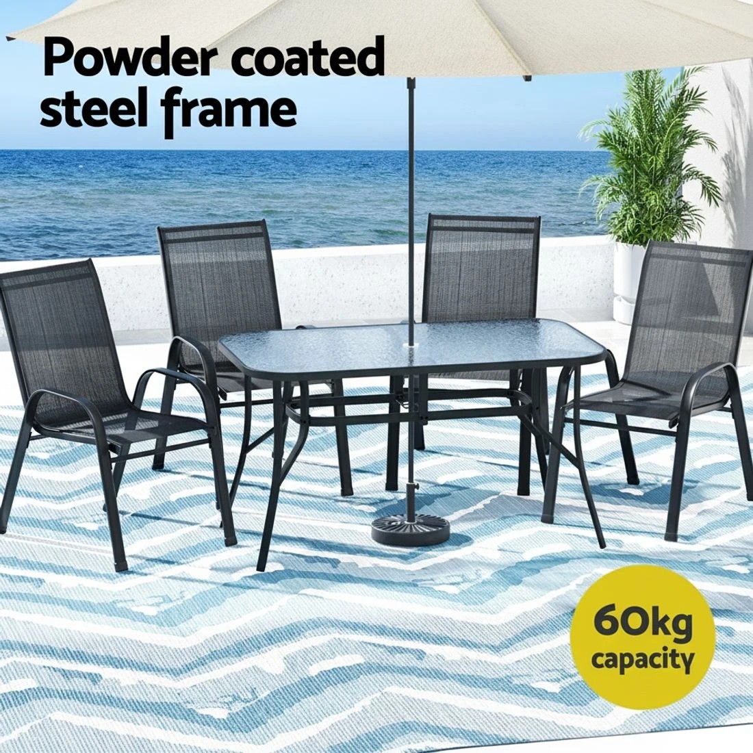 4 Gardeon 140CM Outdoor Dining Table Steel Frame Tempered Glass Parasol Hole - Black, 4 of 6