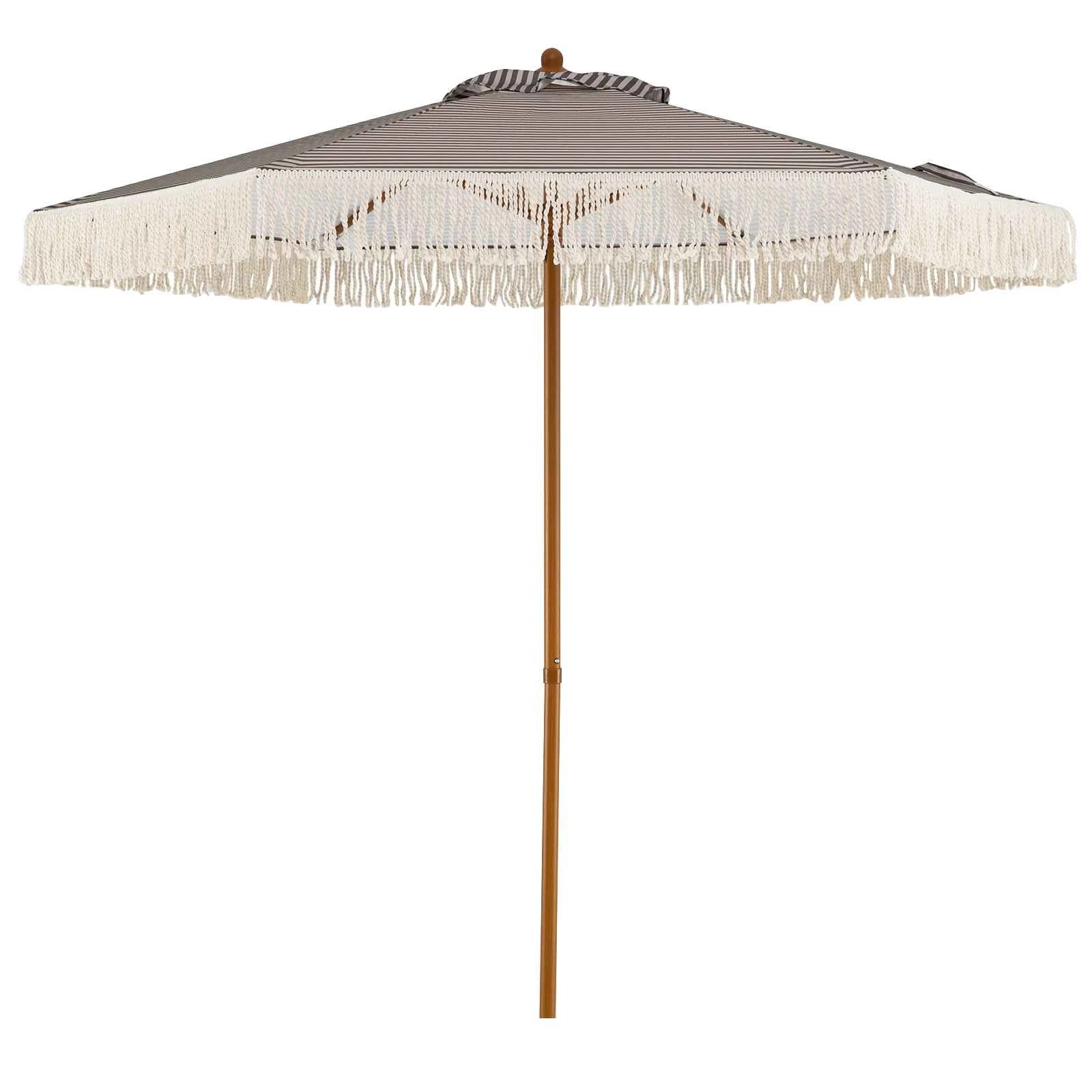 1 Costway 2.1m Patio Umbrella w/Fringe Boho Polyester Canopy Sun Shade Wood-Grain Aluminum Pole - Green, 1 of 2