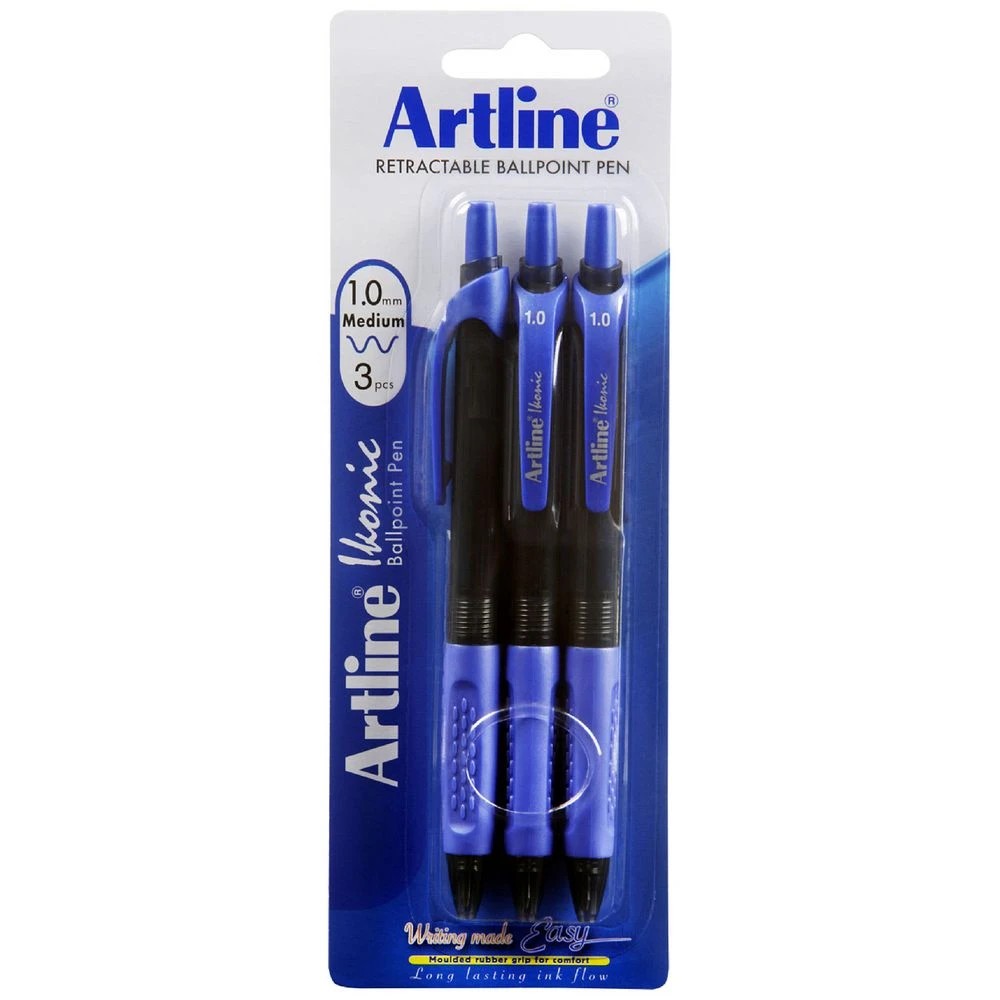 1 Artline Ikonic Retractable Ballpoint Pen Blue 3 Pack, 1 of 3