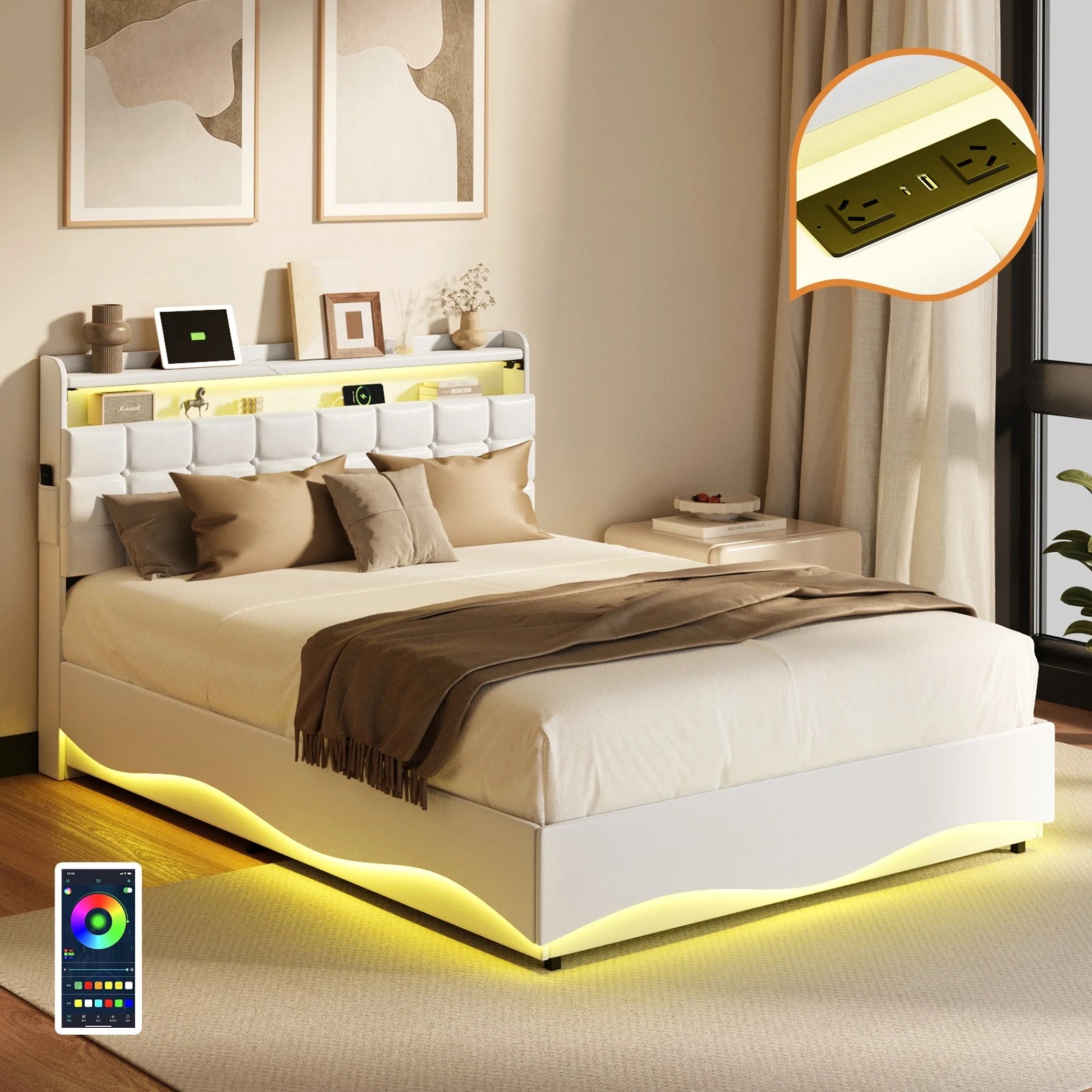 3 Oikiture Bed Frame Queen Size Gas Lift Base RGB LED Storage Headboard USB Charge - White, 3 of 6