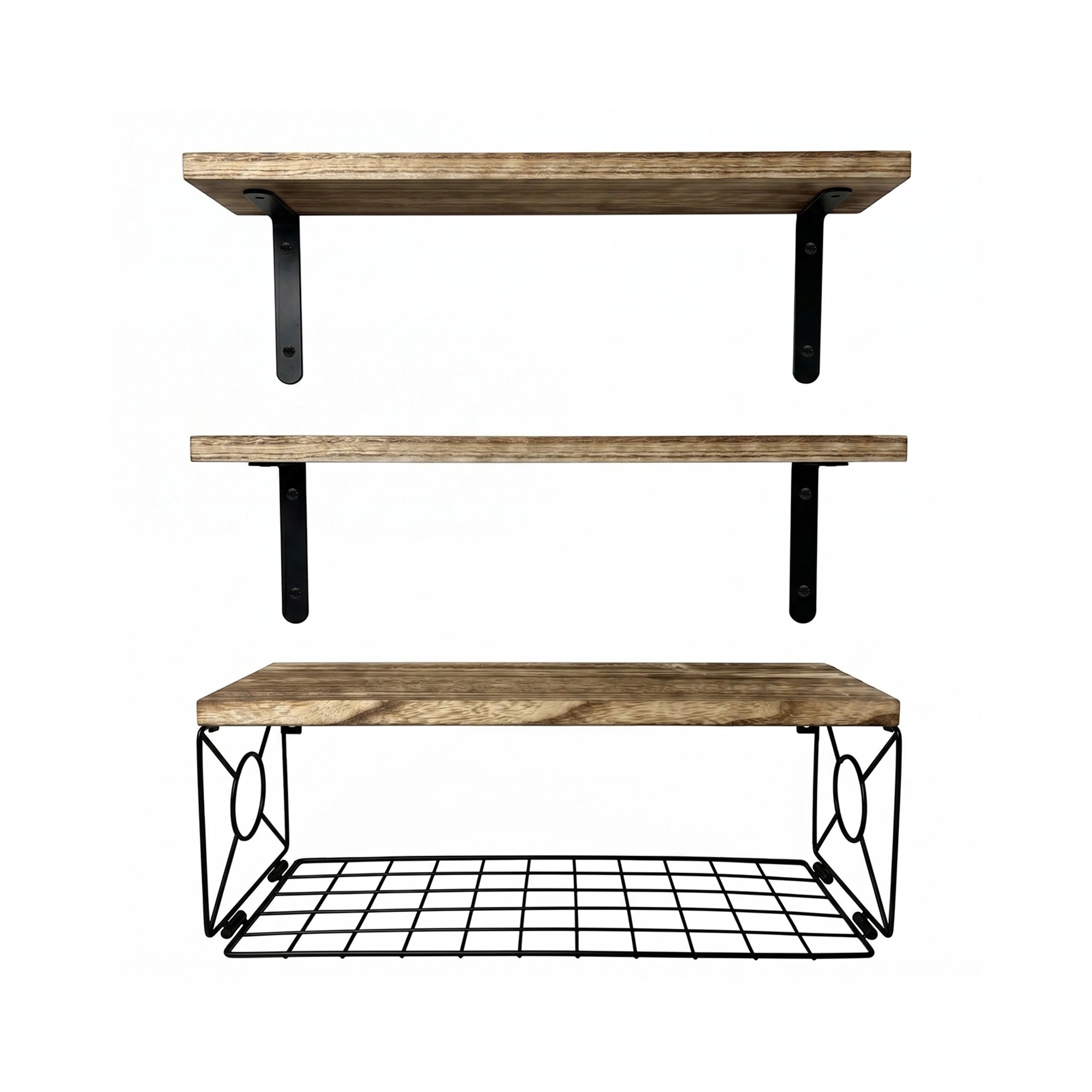 1 Levede Wall Floating Shelves With Wire Strorage Basket  Set Of 3+1 - Brown, 1 of 5