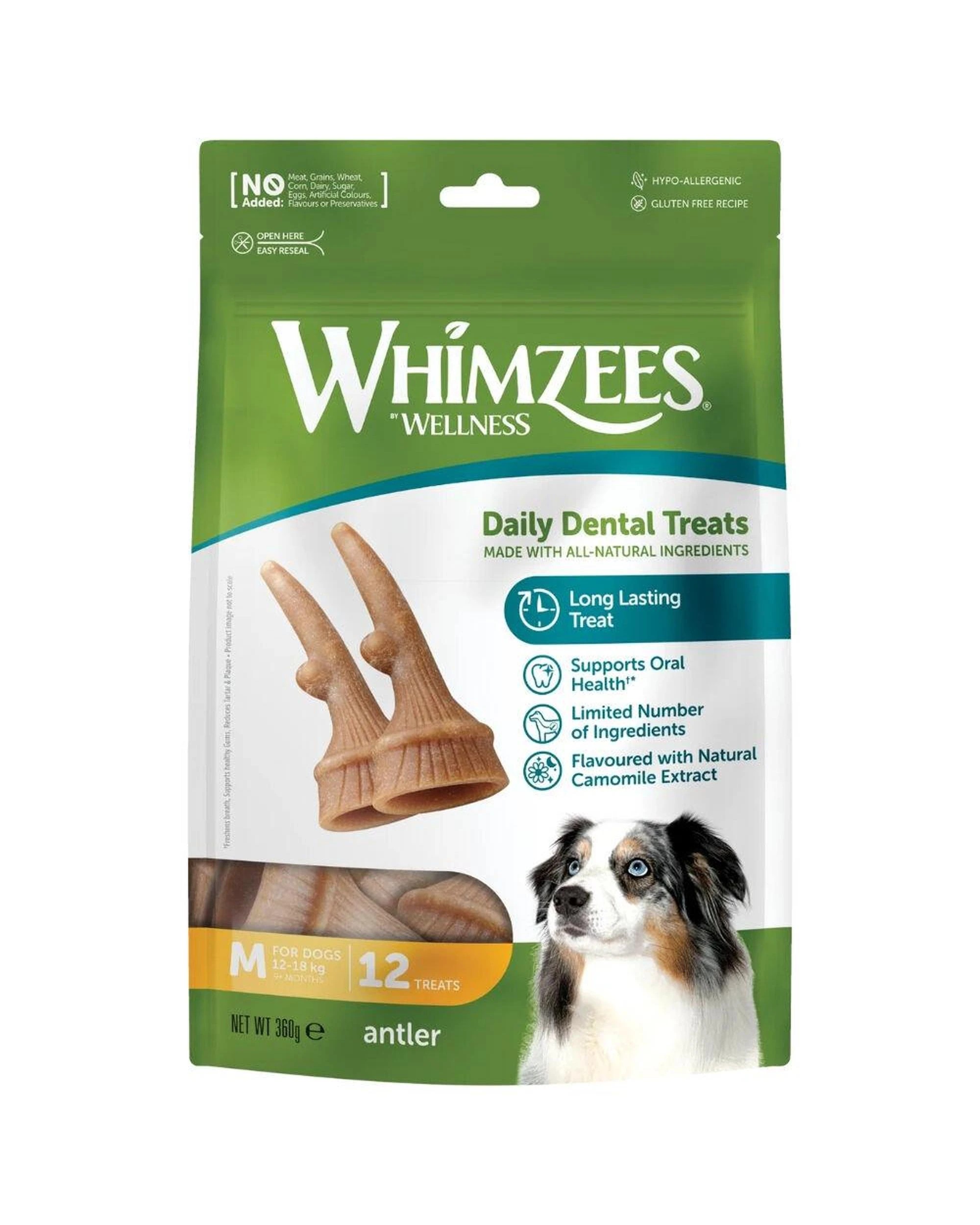 1 Whimzees Antlers Daily Dental Treats for Medium Dogs 12-18kg 12pk, 1 of 1