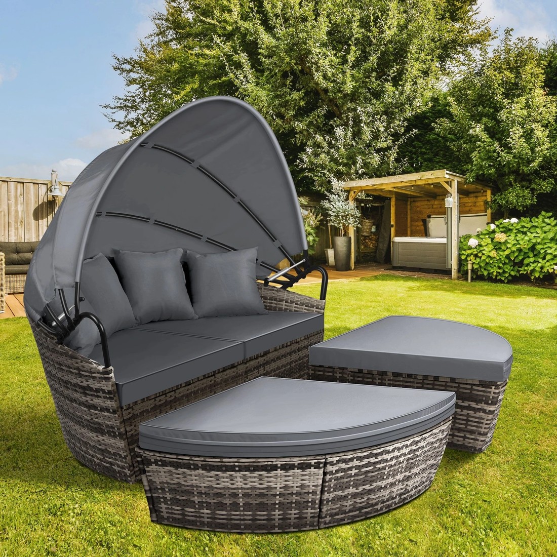 9 Alfordson Outdoor Sun Lounge Day Bed Wicker Furniture Sofa Bed Garden 3PCS - Grey, 9 of 10