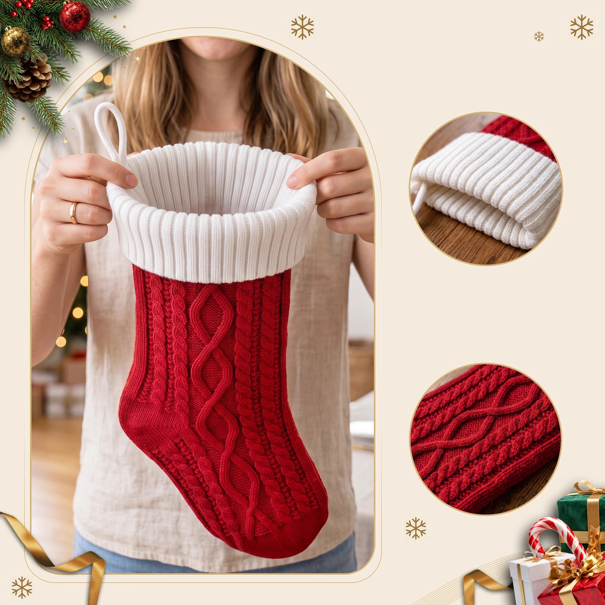 5 Jingle Jollys 3PCS Personalized Christmas Stockings Leather Patches 16 Inch Knitted Xmas Hanging Decor - Multi, 5 of 7