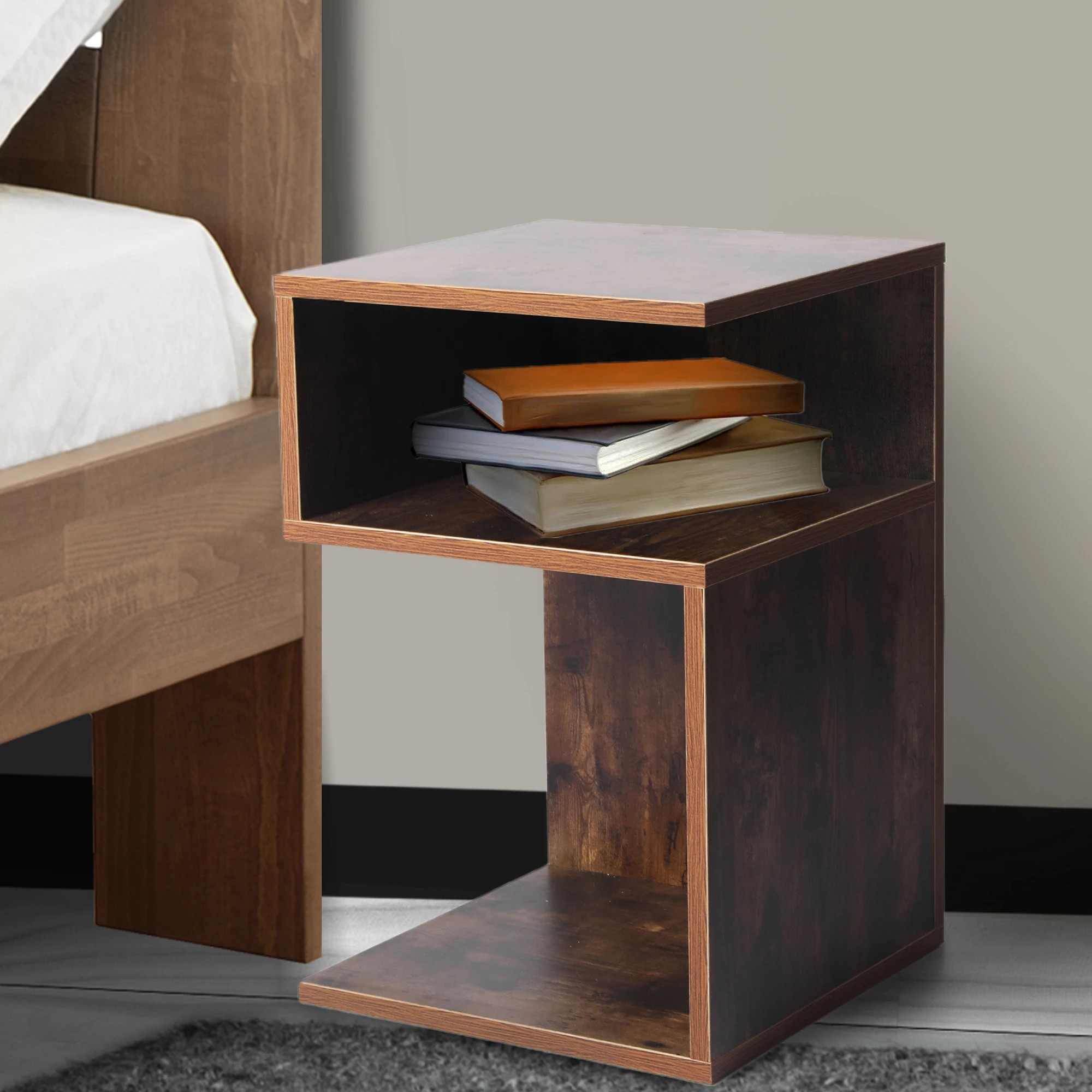 1 Levede Bedside Table S-Shaped Nightstand with Storage Wood Bedroom Oak, 1 of 5