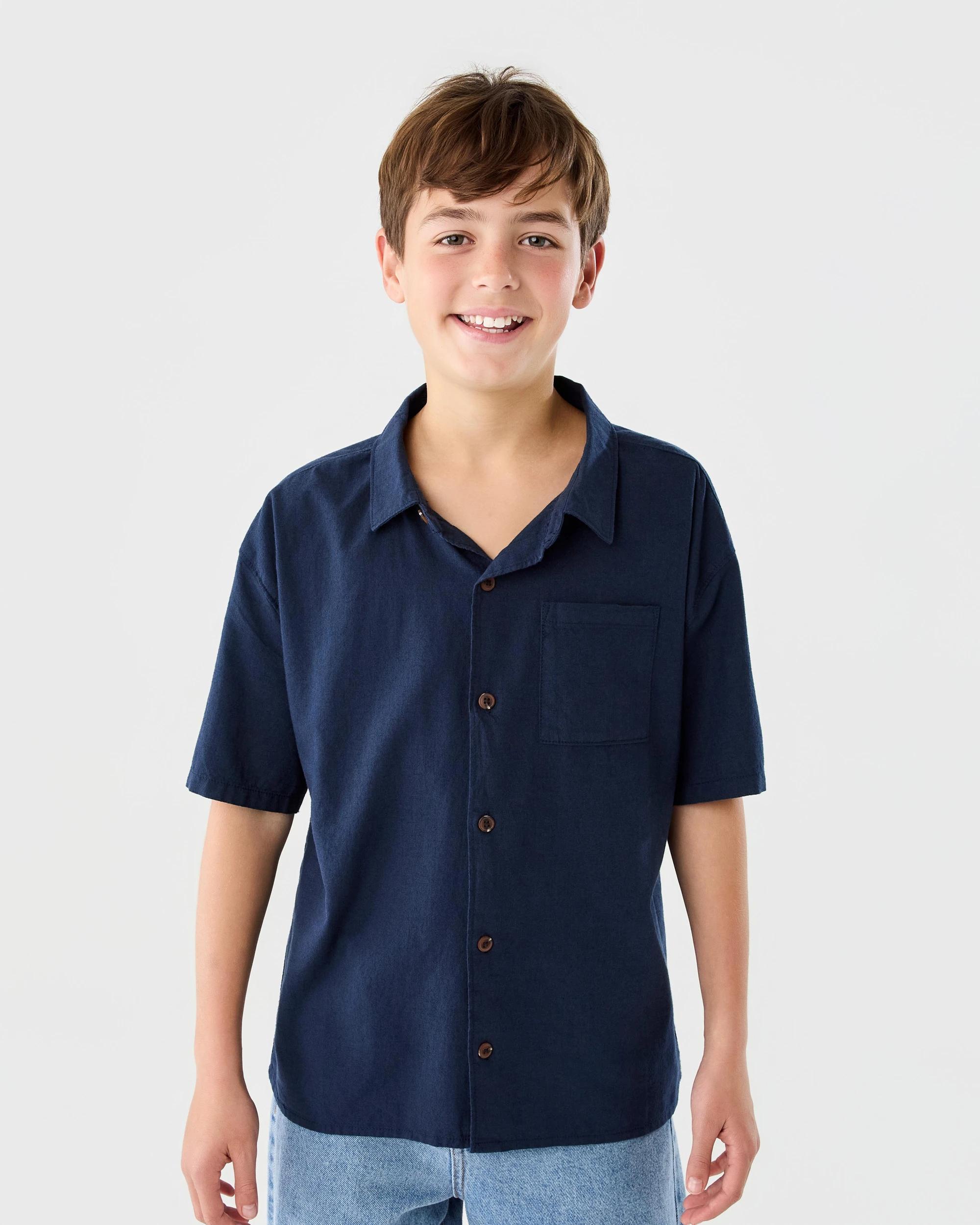 1 Short Sleeve Linen Shirt Dress Navy, 1 of 8
