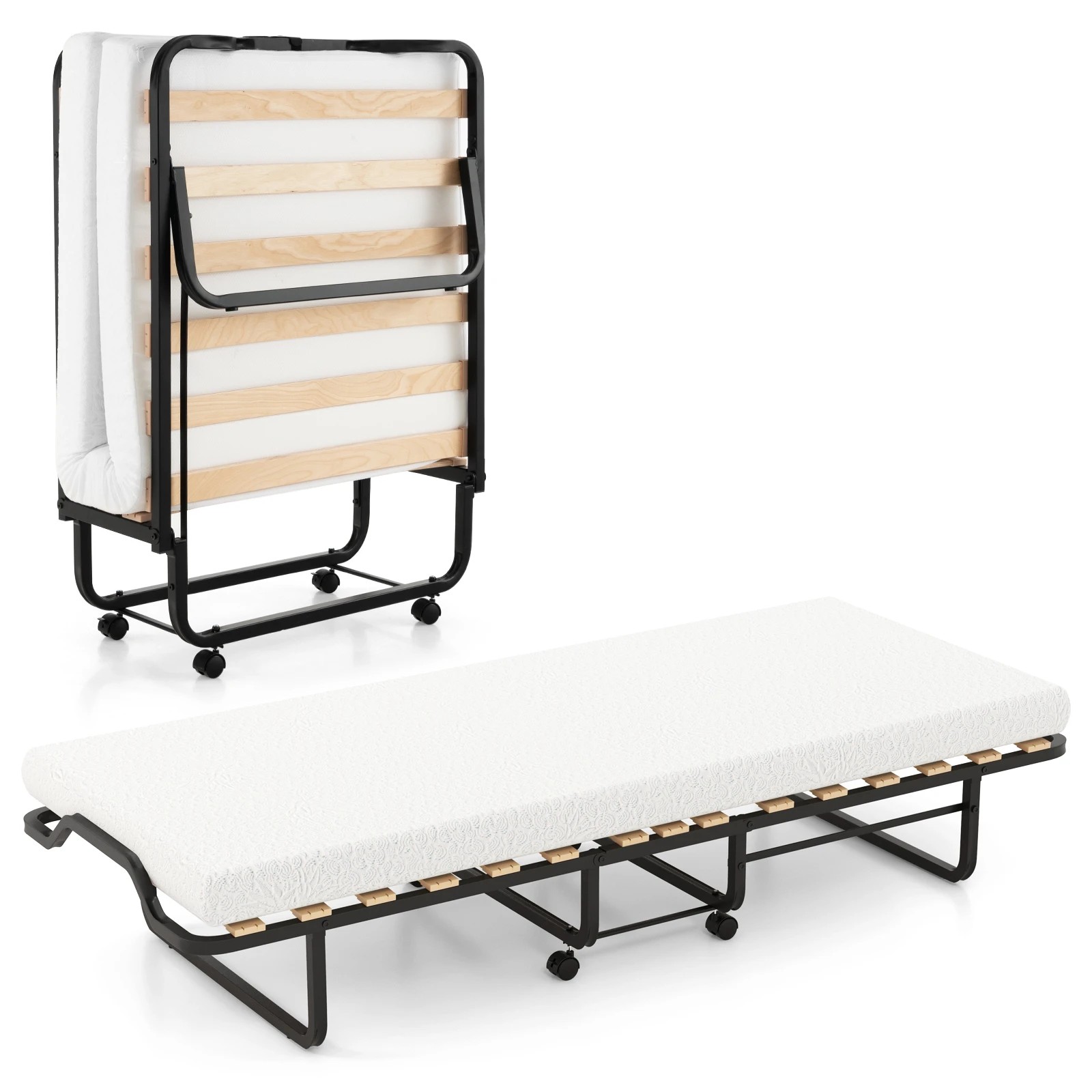 1 Costway Folding Bed Frame w/Memory Foam Mattress Rollaway Guest Bed Portable Sleeper Bed, 1 of 4