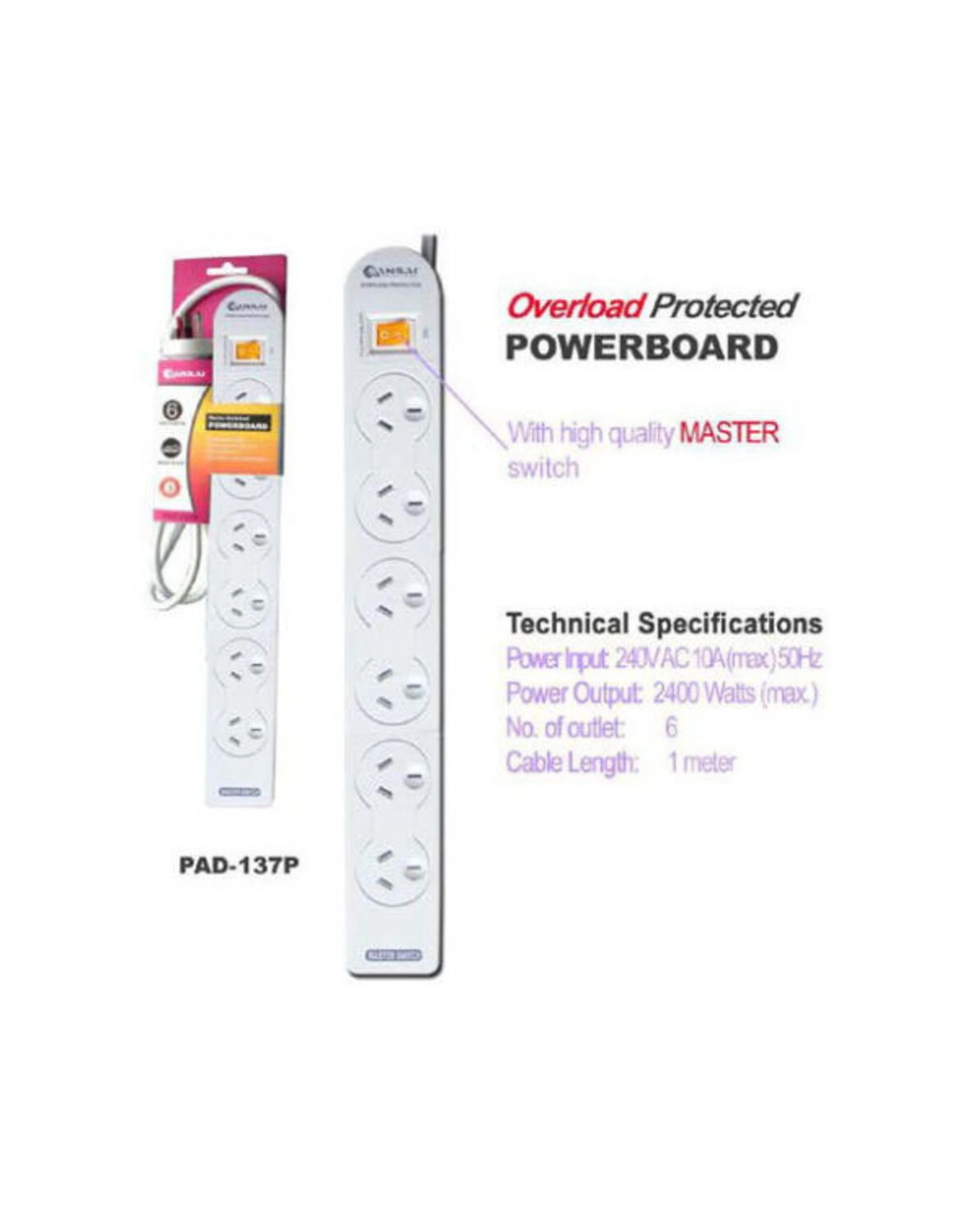 2 Sansai 6 Way Power Board Outlets Socket With Overload Protection 1m Cord - White, 2 of 3