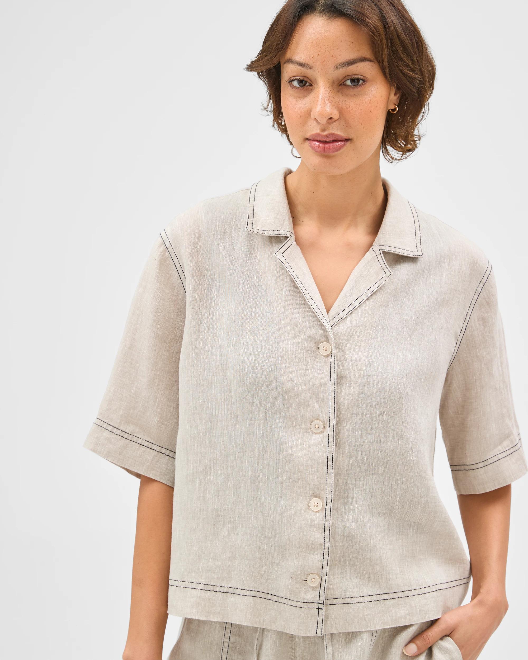 3 Target Woman European Linen Short Sleeve Stitch Detail Shirt FLAX XDYE, 3 of 7
