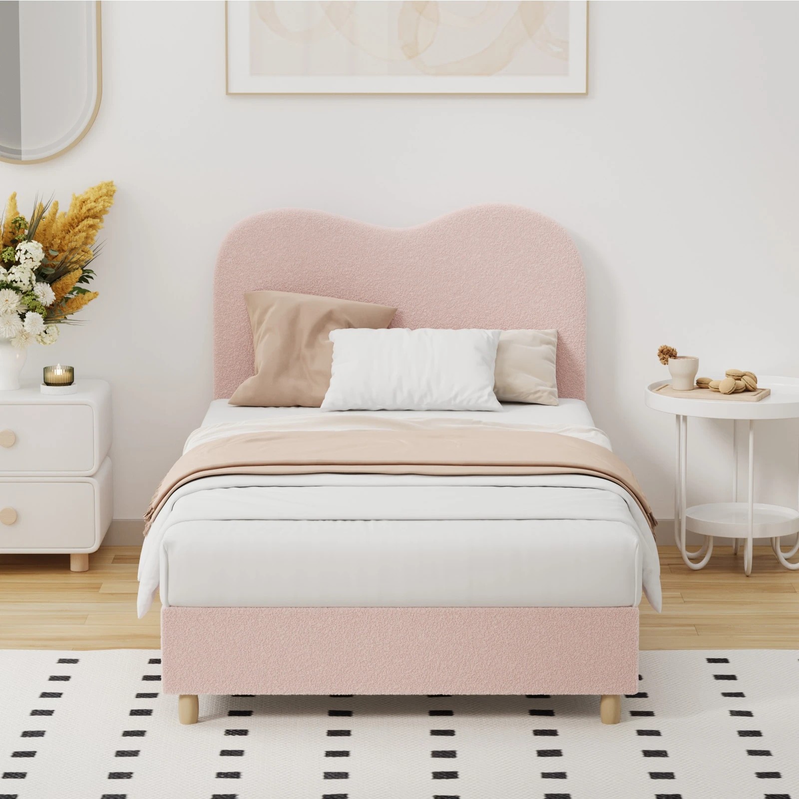 3 Oikiture Bed Frame King Single Size Boucle Cloud Shape Headboard - Pink, 3 of 9