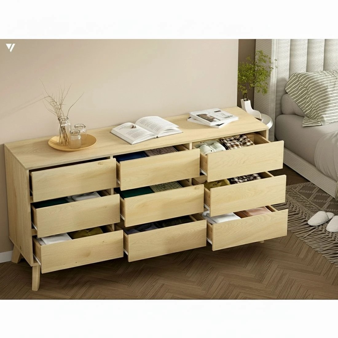 7 Artiss 9 Drawer Tallboy Chest Pine Cabinet Metal Runners Spacious Storage Organizer Bedroom Anti Tip Safety - Brown, 7 of 8