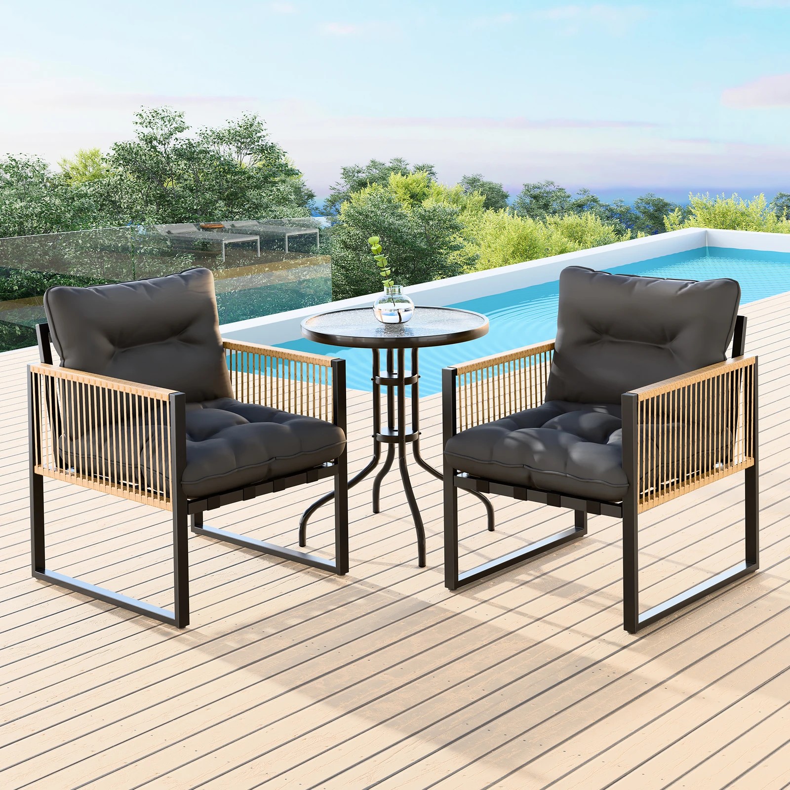 2 Alfordson Outdoor Furniture Set Patio Side Table Lounge Chair Glass Wicker - Black Grey, 2 of 10