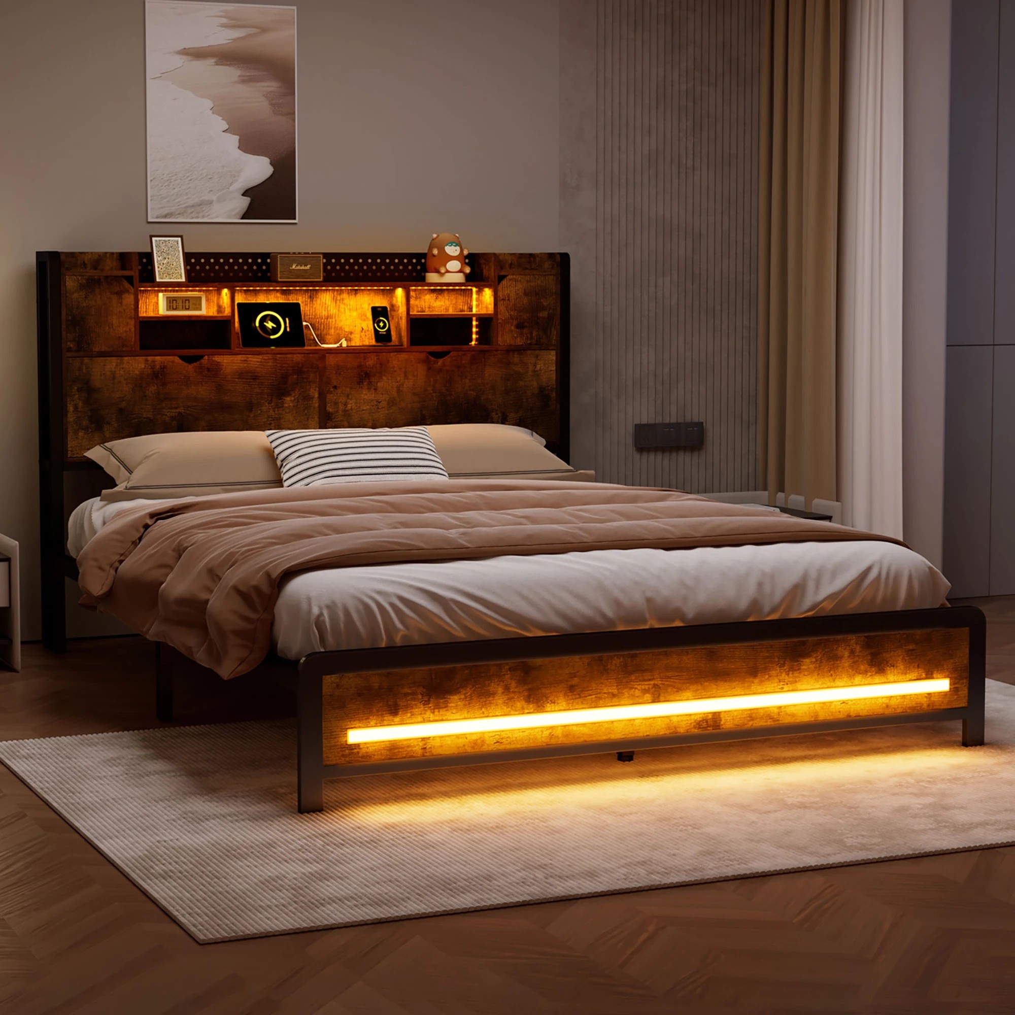 8 Levede Double Size Bed Frame Industrial with LED Charging Station and Storage Bedhead, 8 of 9