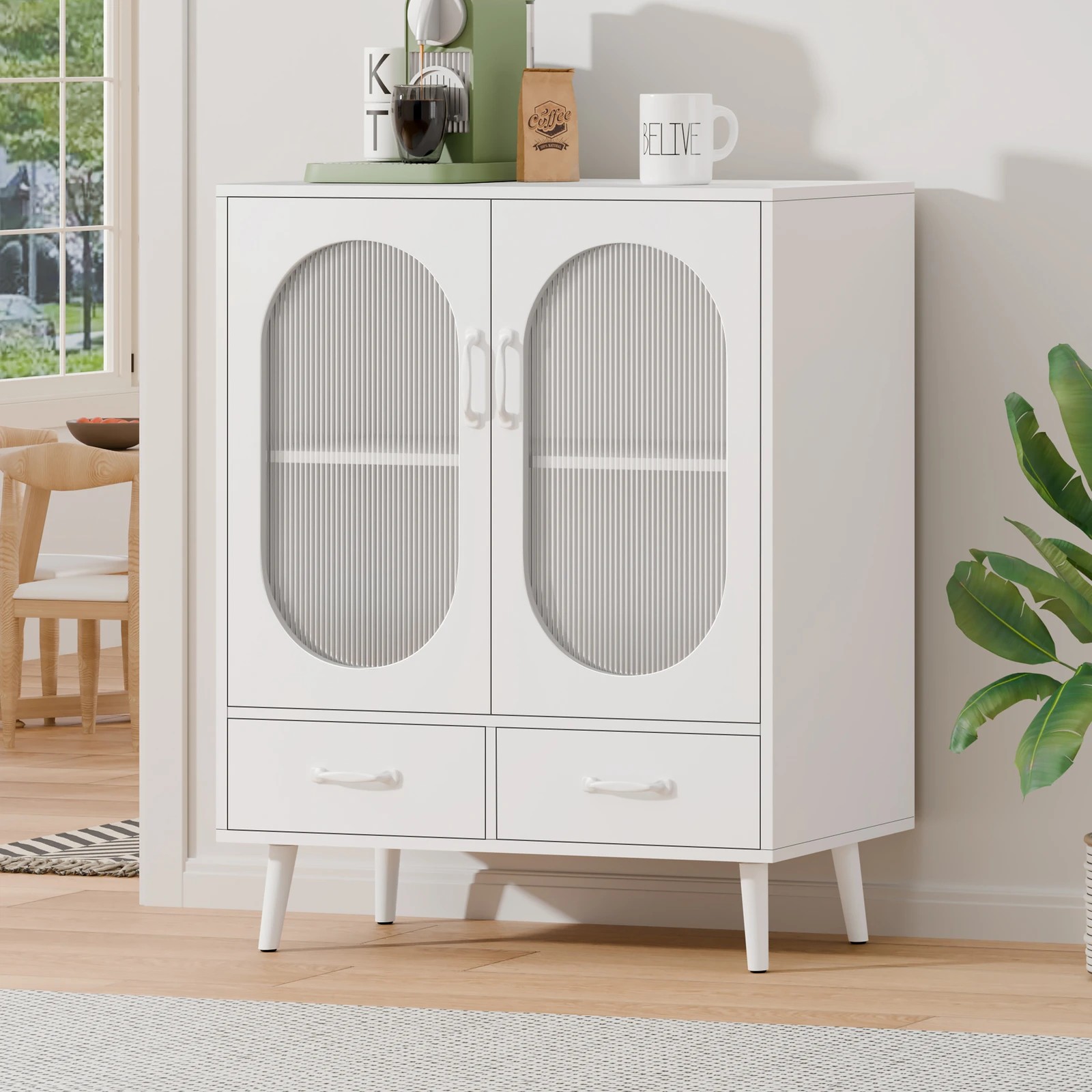 2 Alfordson Buffet Sideboard 2 Doors Storage Cabinet Drawers Fluted Cupboard - White, 2 of 9