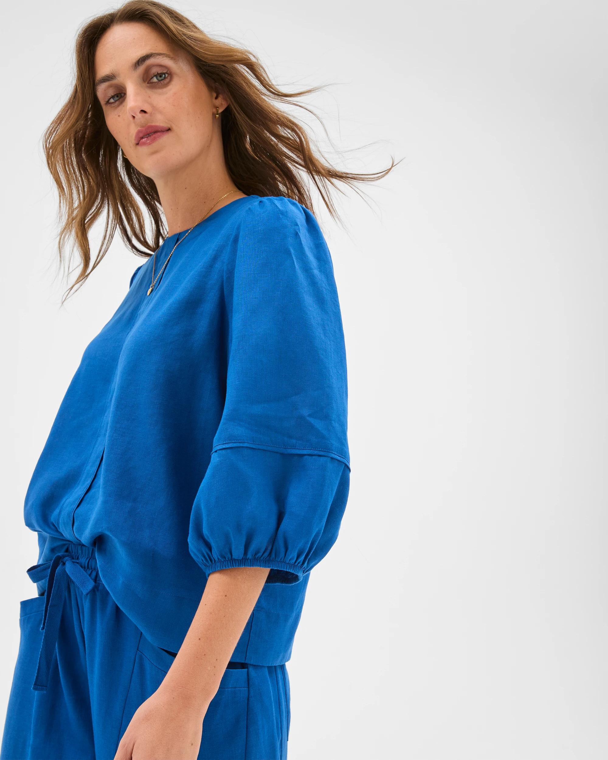 3 Target Woman European Linen 3/4 Sleeve Femme Popover Blouse DEEP OCEAN, 3 of 6