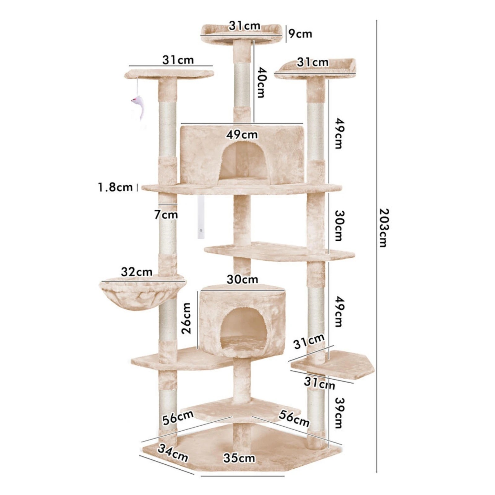 4 Beastie Cat Tree Scratching Post Scratcher Tower Condo House Furniture Wood 203CM - Beige, 4 of 6