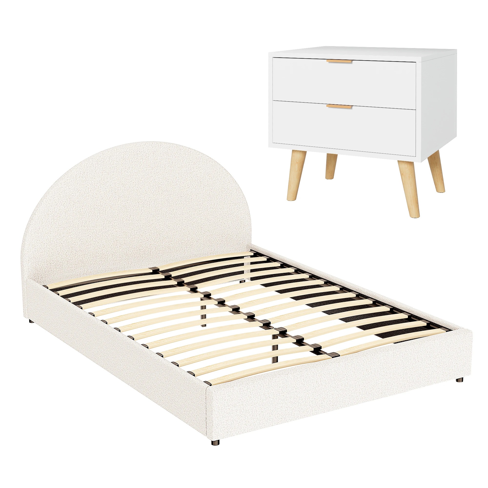 1 Artiss Bed Frame Set Gas Lift Storage Boucle Headboard 2 Drawer Nightstand - Queen Bed - Multi, 1 of 4