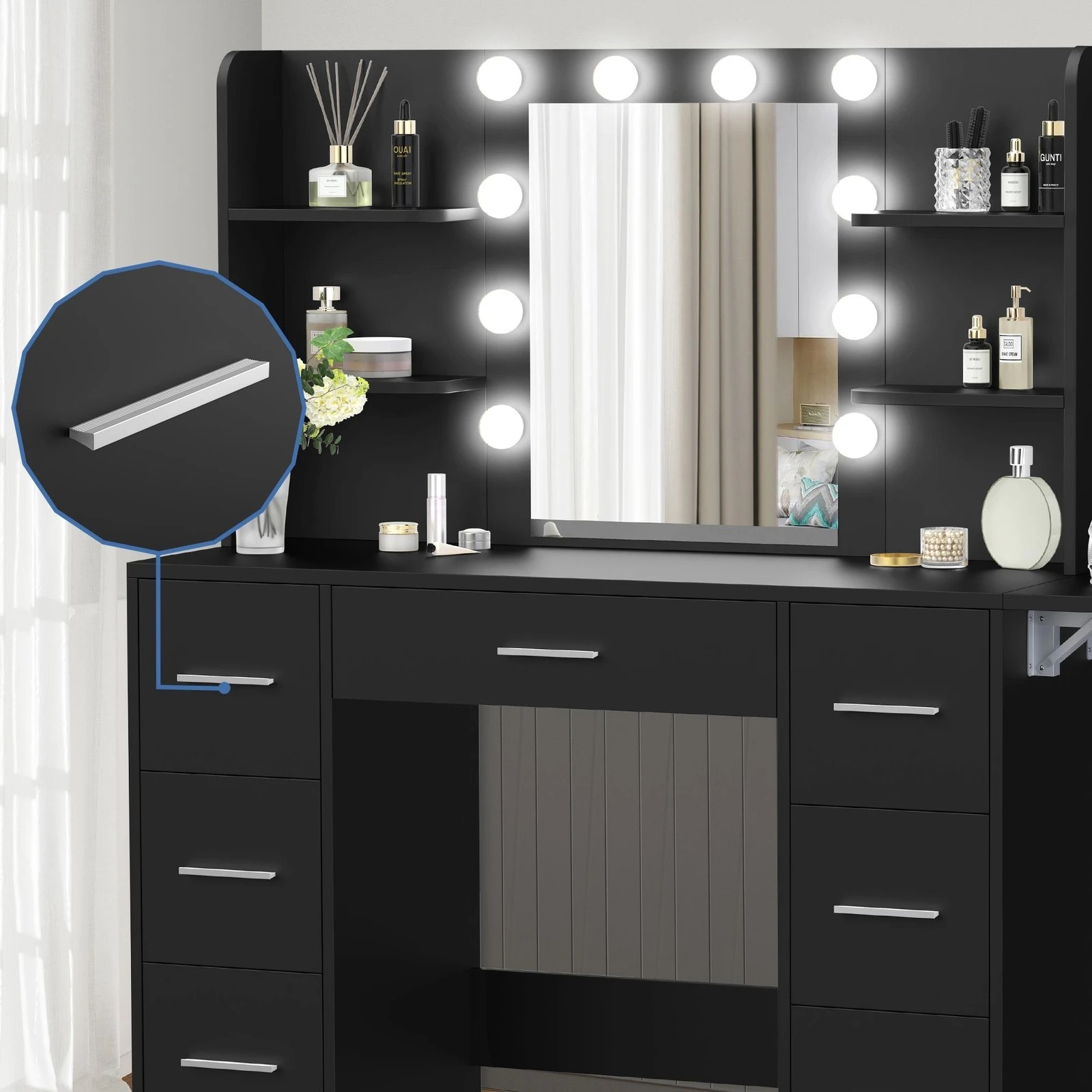 4 Alfordson Dressing Table Stool Set Makeup Mirror Vanity Desk LED Bulbs - Black, 4 of 10