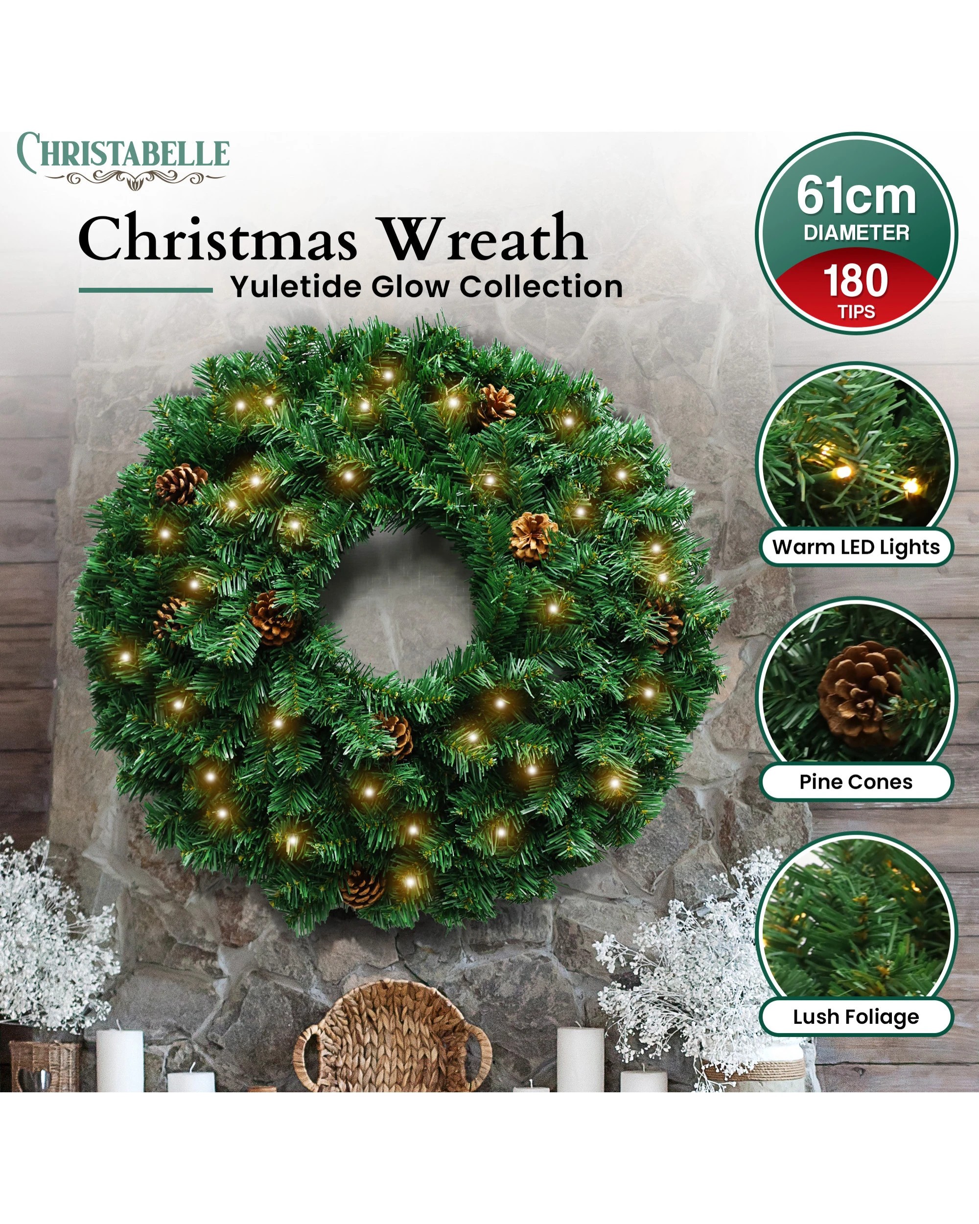 7 Christabelle 61cm Christmas Wreath Yuletide Glow With Pine Cones And Led Lights Front Door Decoration, 7 of 7